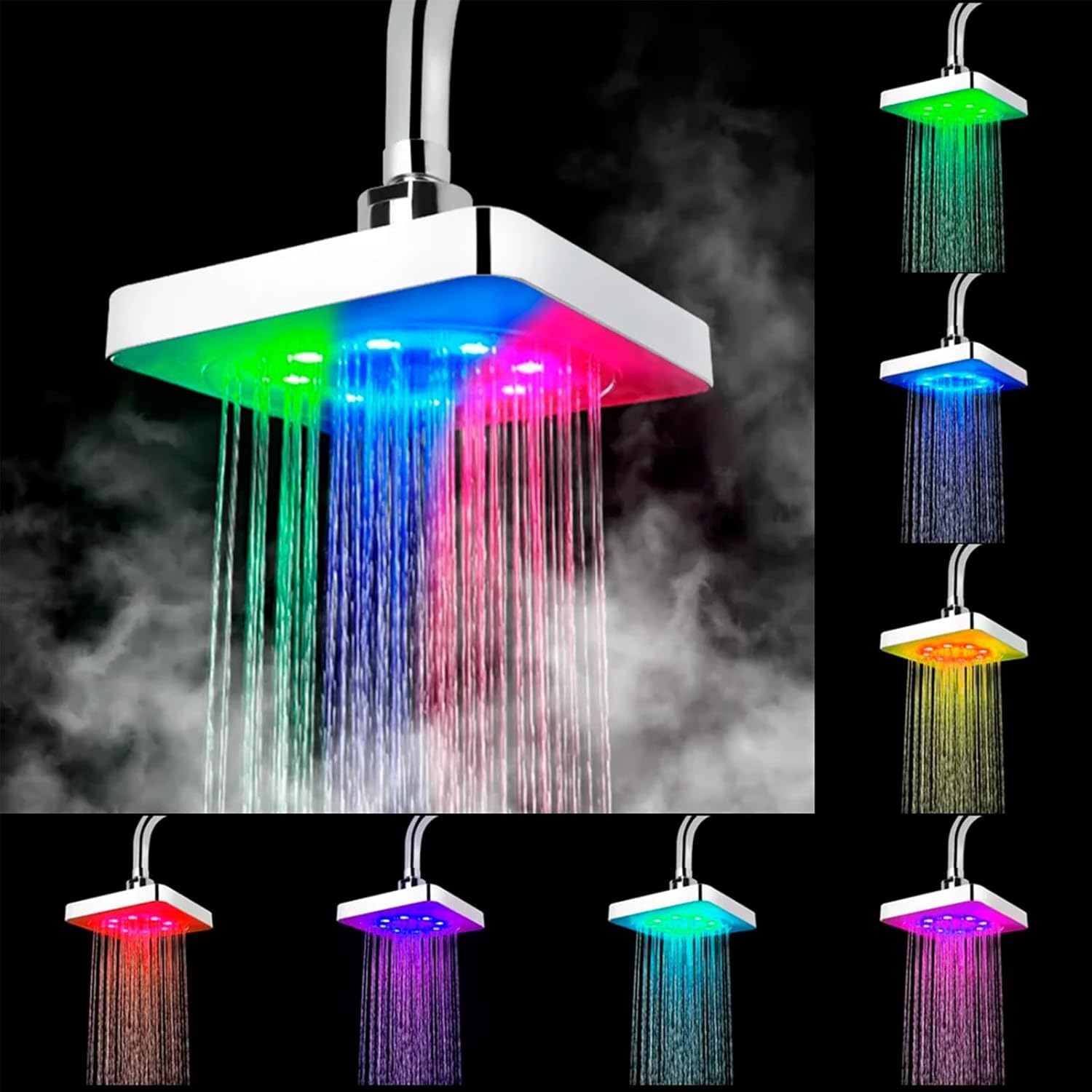 FUUBAMB00 Cabezal de Pulverización de Techo Cuadrado de 6 Pulgadas, Luz LED con Cambio de 7 Colores, Cabezal de Ducha Cromado Brillante, Accesorios de Baño para el Hogar