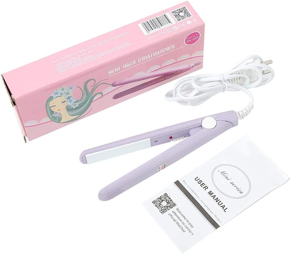 Mini plancha de pelo, rizador de calefacción de hierro plano de turmalina de cerámica portátil 2 en 1 para rizar enderezar flequillo, cabello ondulado cabello corto plancha para cabello(Púrpura)