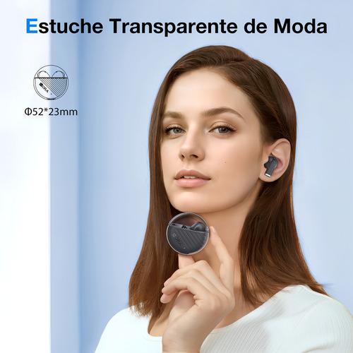 A Audífonos Inalámbricos In-ear con Microfono Bluetooth 5.3, Botones Táctiles, Batería de 5 Horas, Carcasa Transparente, Audio Estéreo, Manos Libres, Negro