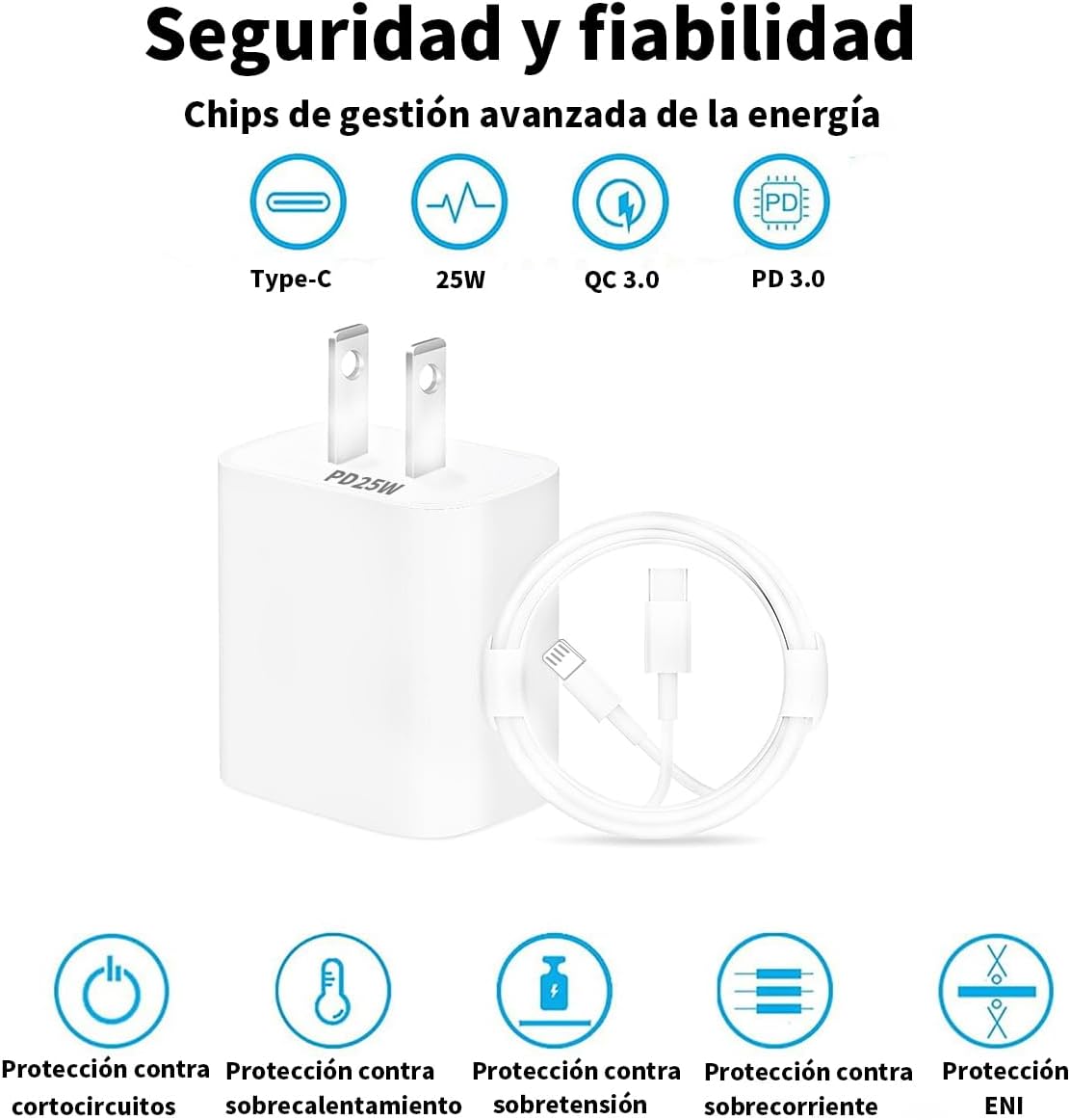 Cargador Rápido 25W para iPhone Tipo C con Cable 1M Compatible con iPhone 14/13/12/11/X/iPad Carga Eficiente y Segura