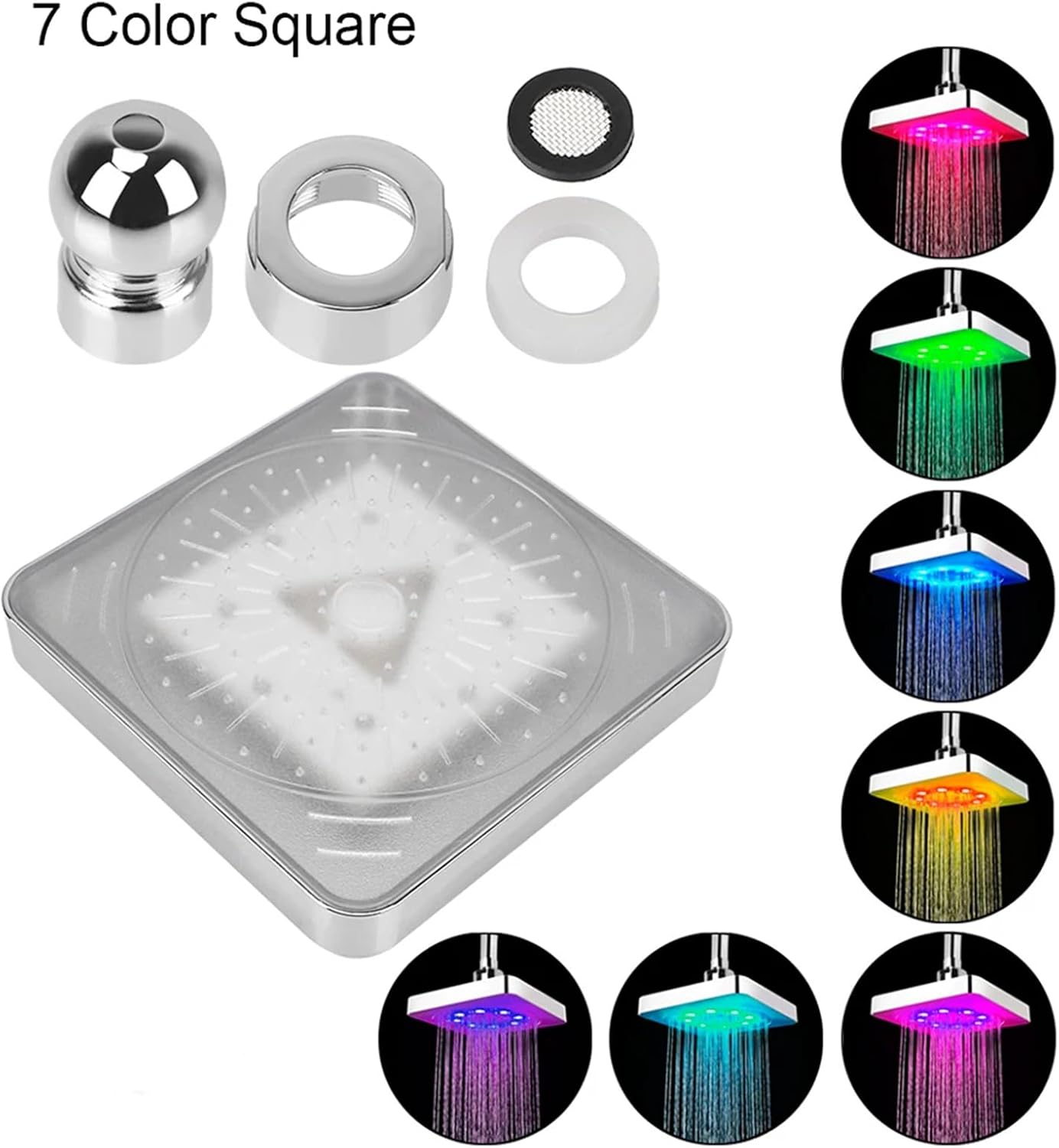 FUUBAMB00 Cabezal de Pulverización de Techo Cuadrado de 6 Pulgadas, Luz LED con Cambio de 7 Colores, Cabezal de Ducha Cromado Brillante, Accesorios de Baño para el Hogar