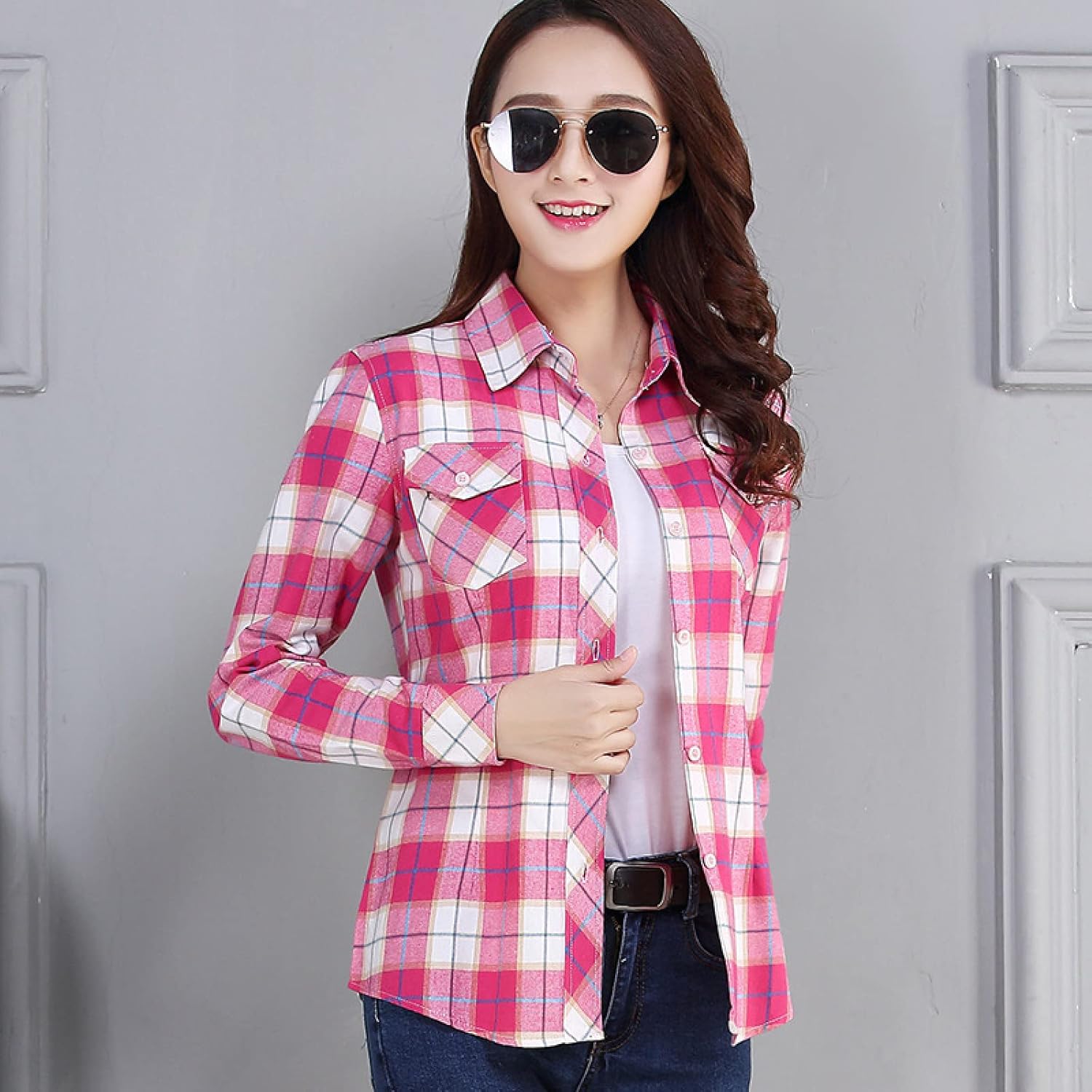 Blusas vaquera A Cuadros Vintage Jaula Mujer Manga Larga Casual Slim Mujeres Tallas Grandes Camisa Office Lady Tops
