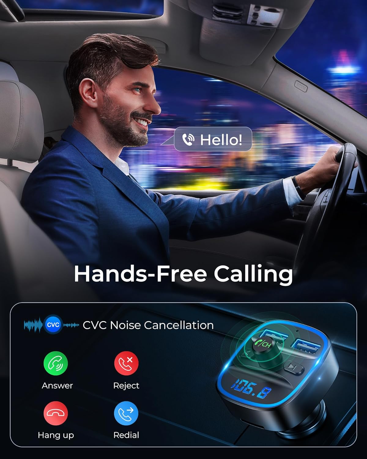 Transmisor FM, Transmisor FM Bluetooth Adaptador de radio inalámbrico Kit de coche con carga USB dual, Receptor de audio Cargador de coche Reproductor de MP3, Compatible con llamadas manos libres, Tarjeta TF y USB Di