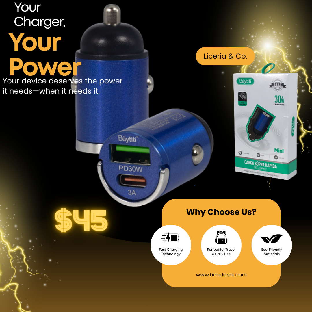 Cargador de Carro Carga Súper Rápida 30W Mini - Adaptador Doble Puerto Tipo C y USB para Auto mini cargador tipo c y usb 2 en 1 para carro plugg