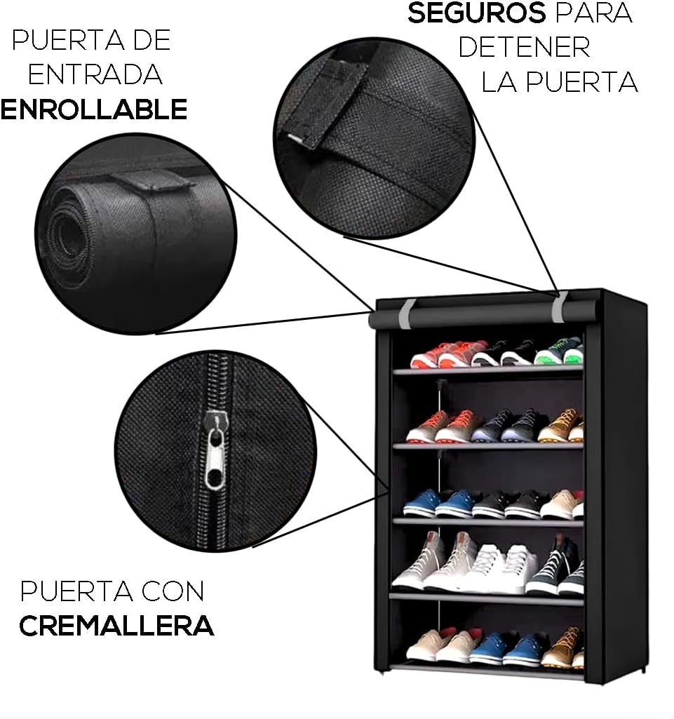 Zapatera de 5 Niveles Multifuncional | Estante para Zapatos | Almacenamiento de Calzado de Acero Inoxidable | Closet Organizador para Tenis | Tela Impermeable (Negro)