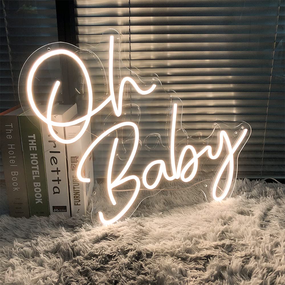 Oh BABY - Letreros de neón para bebé, acrílico transparente con atenuadores, luces iluminadas, letreros para interiores y dormitorios, decoración de la habitación, letrero de neón LED de 22.2 x 20.9 pulgadas, bar, fiesta, boda, niña, sala de estar, oficin