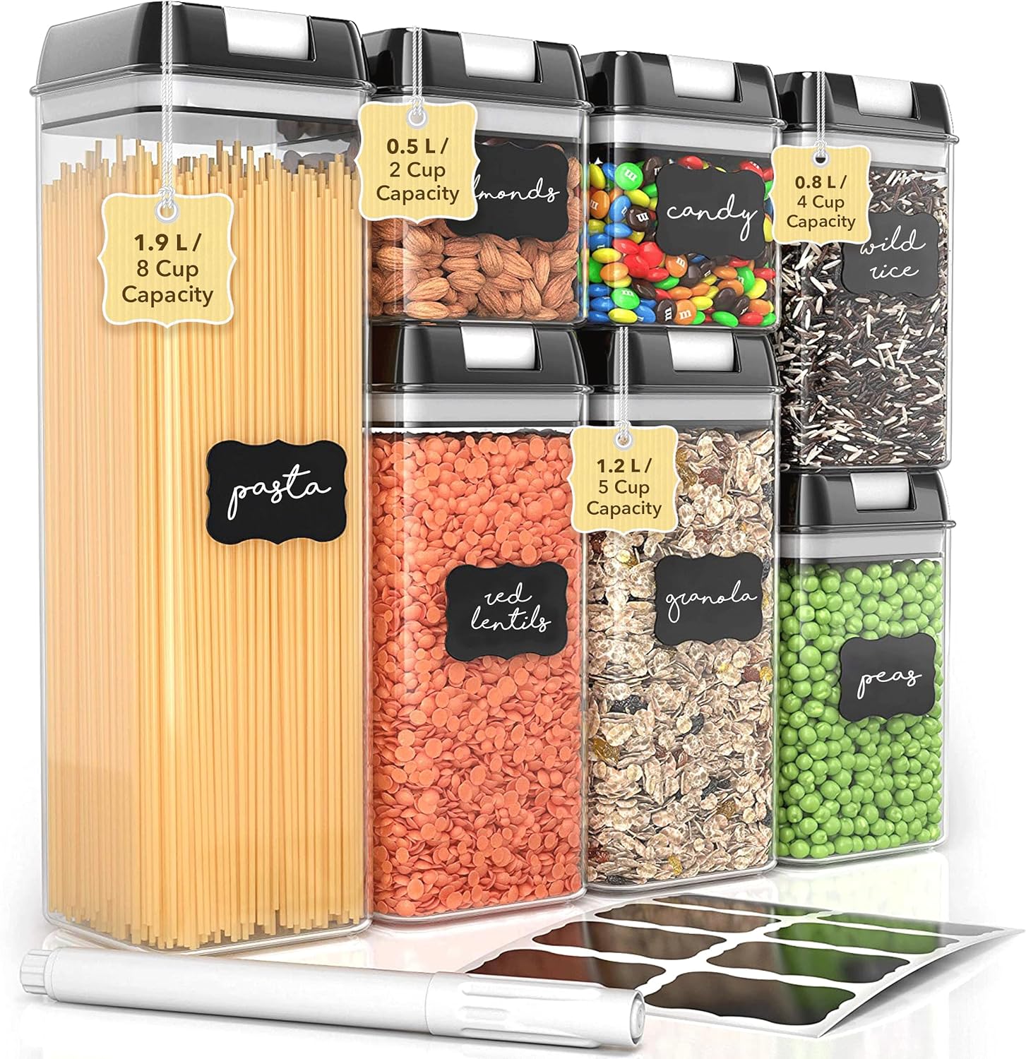 Recipientes herméticos Simply Gourmet para almacenar alimentos, ideal para organizar y almacenar alimentos en la despensa. Juego de 7 piezas + 16 etiquetas de pizarra y marcador gratis. Recipientes herméticos para alimentos, perfectos para almacenar en la