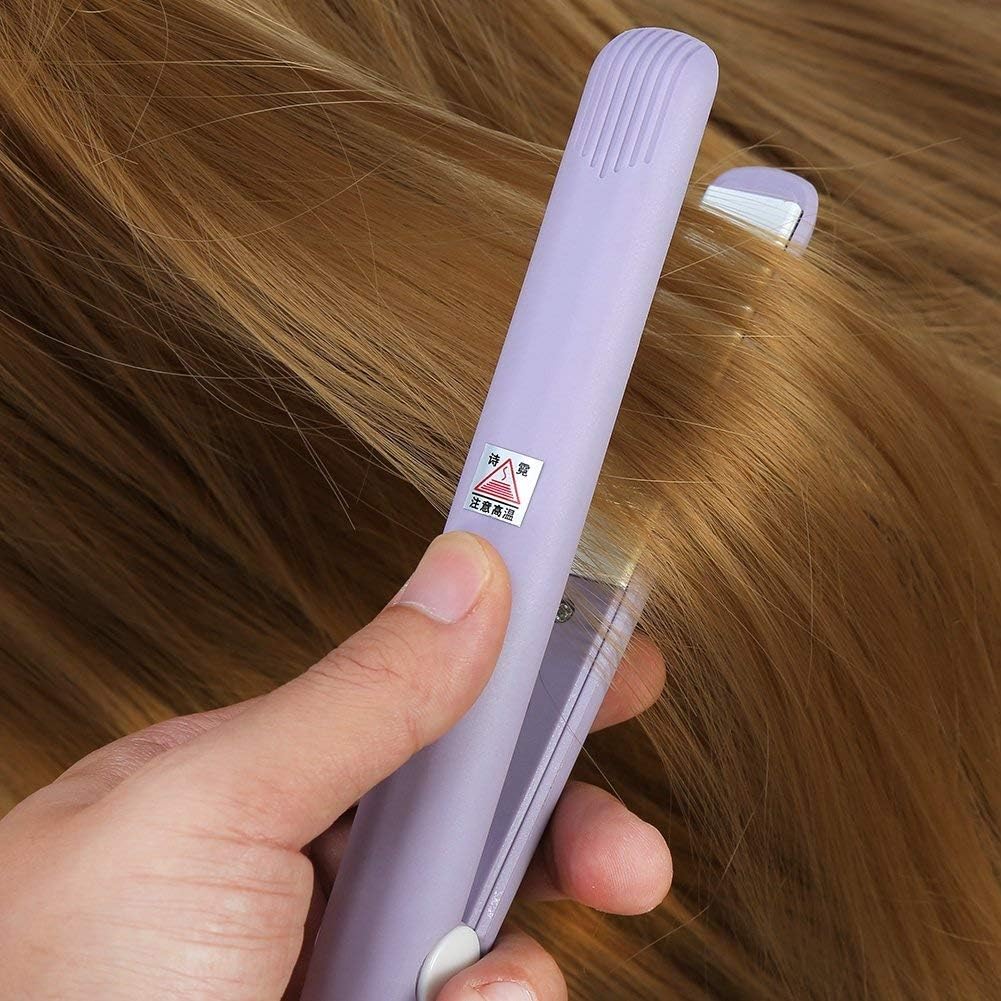 Mini plancha de pelo, rizador de calefacción de hierro plano de turmalina de cerámica portátil 2 en 1 para rizar enderezar flequillo, cabello ondulado cabello corto plancha para cabello(Púrpura)