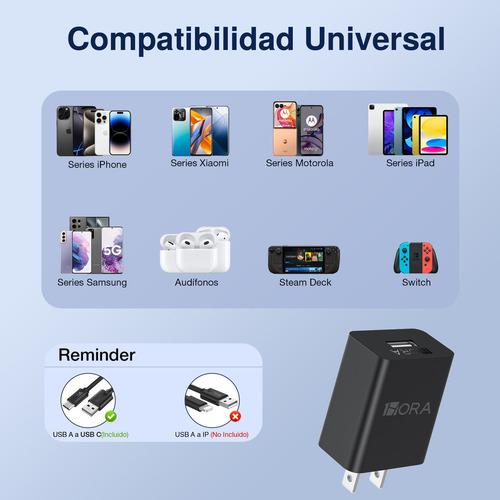 turbo Cargador USB Tipo C 10W Carga Cargadores con 1M Cable USB A Tipo C Negro Compatible con Samsung, Xiaomi, Huawei