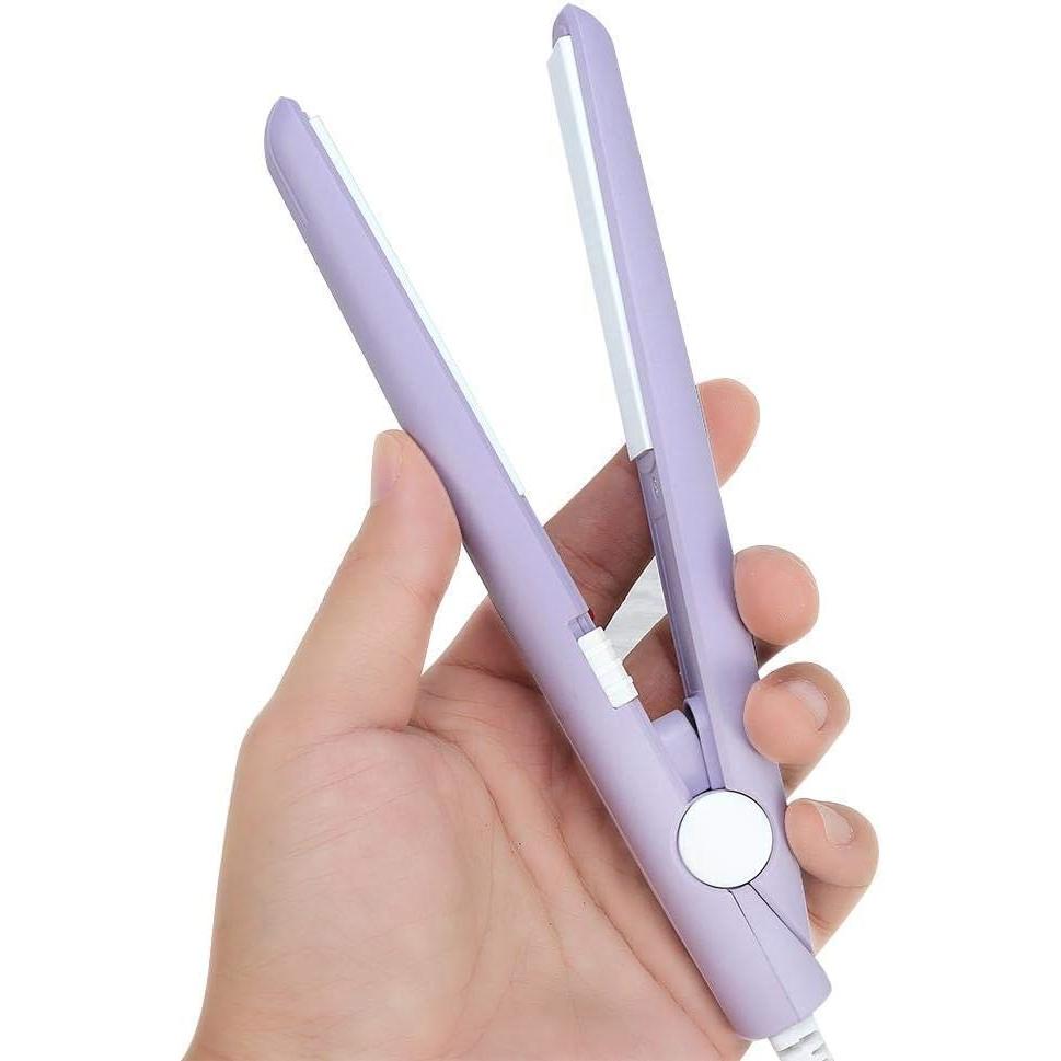 Mini plancha de pelo, rizador de calefacción de hierro plano de turmalina de cerámica portátil 2 en 1 para rizar enderezar flequillo, cabello ondulado cabello corto plancha para cabello(Púrpura)
