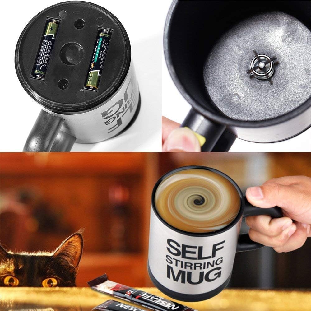 Taza de café de acero inoxidable con agitación automática, tazas mezcladoras eléctricas para mezclar café, leche, jugos y bebidas de plástico, 300 ml (12-16 oz) (negro)