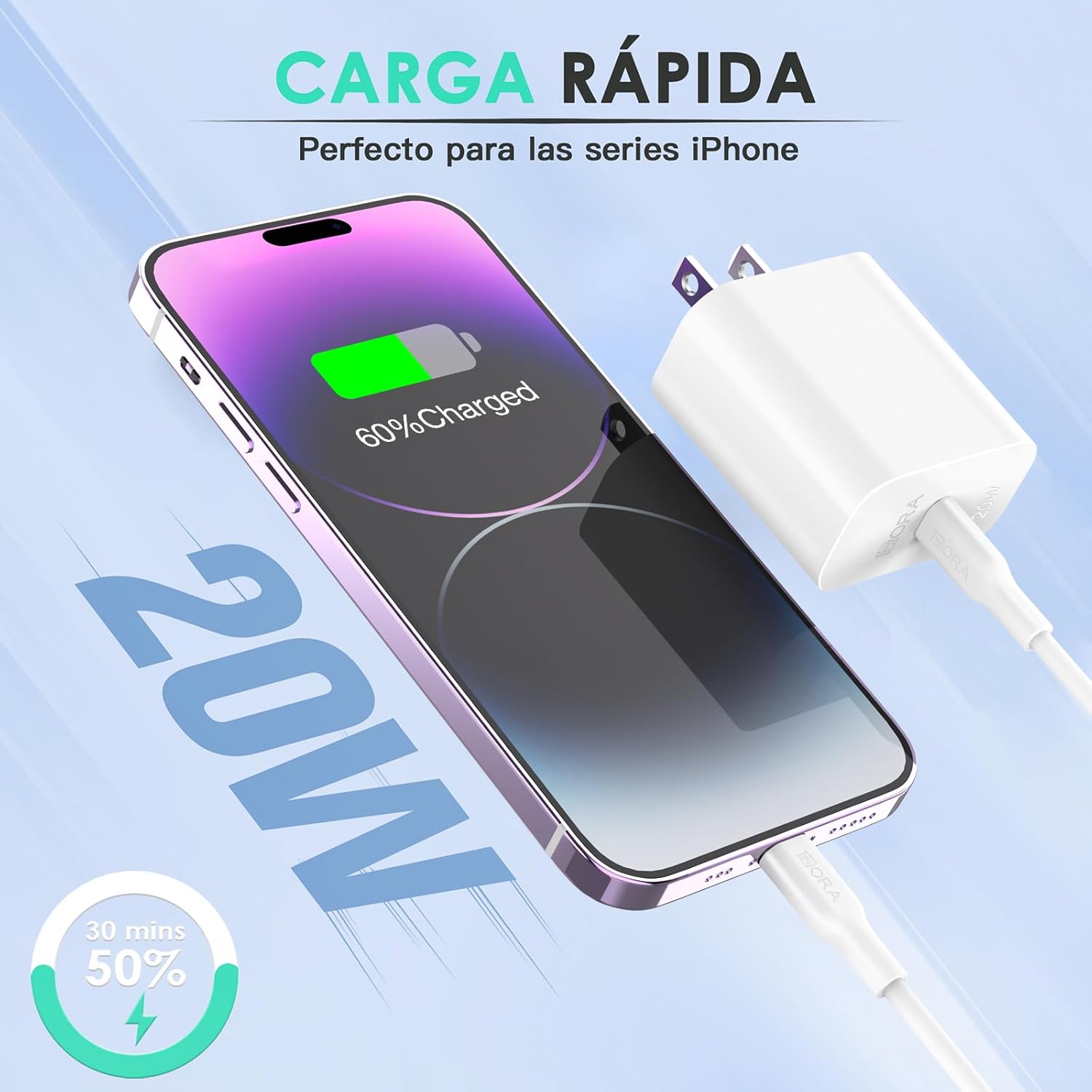 1 Hora Cargador Carga Rapida para IP 14, 20W Cargador Tipo C, con Cable USB C a Lightning 1M 3A, Compatible con IP 14 13/13 Pro MAX/12/11/X/XS, iPad Mini, iPad Air
