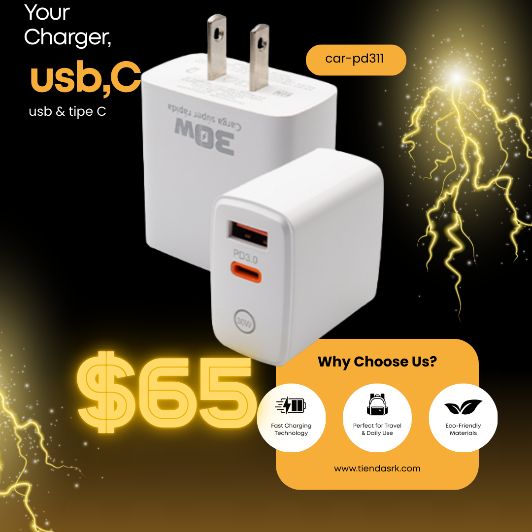 Cubo Cargador de 30W con Puerto USB y Tipo C