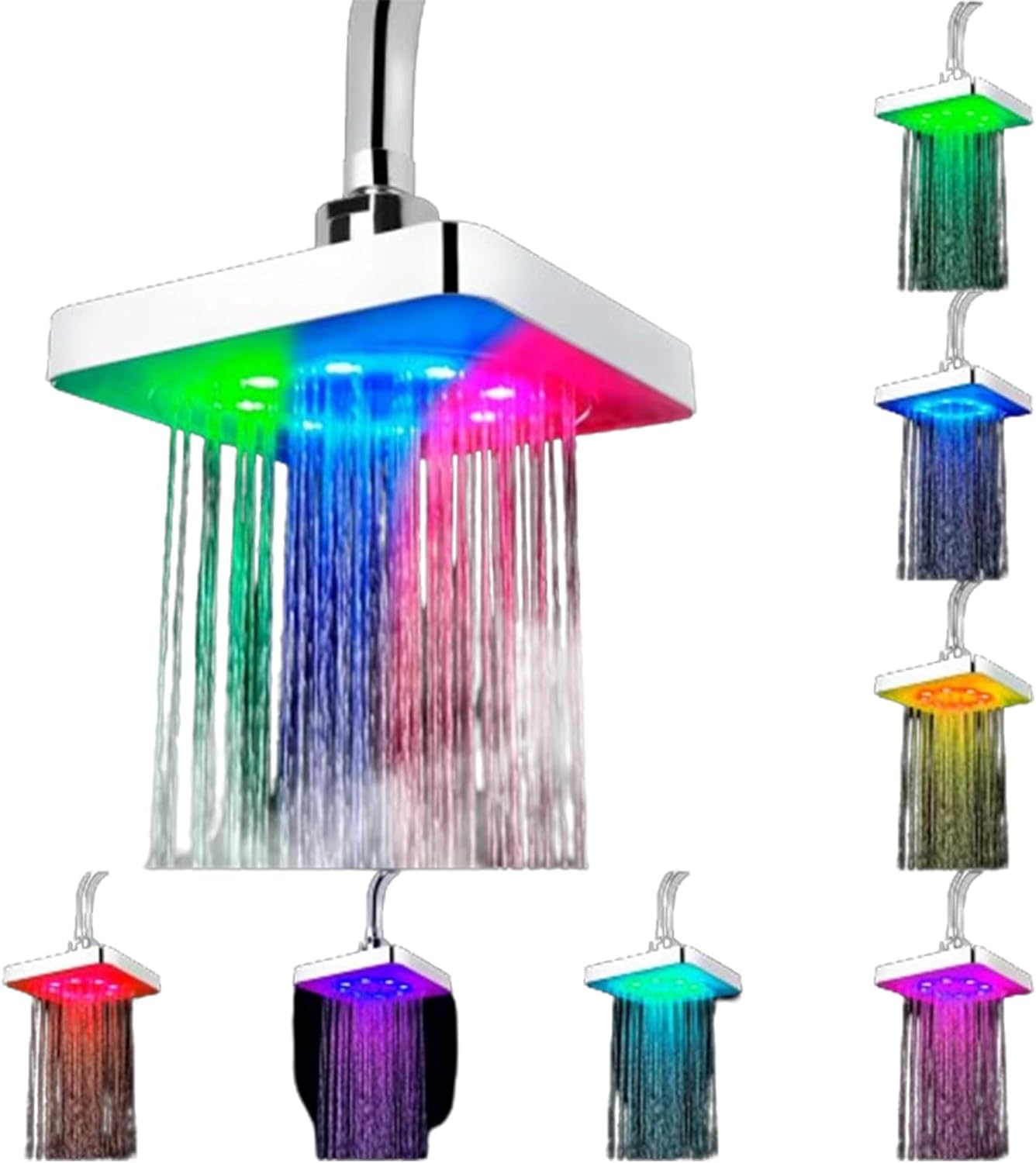 FUUBAMB00 Cabezal de Pulverización de Techo Cuadrado de 6 Pulgadas, Luz LED con Cambio de 7 Colores, Cabezal de Ducha Cromado Brillante, Accesorios de Baño para el Hogar