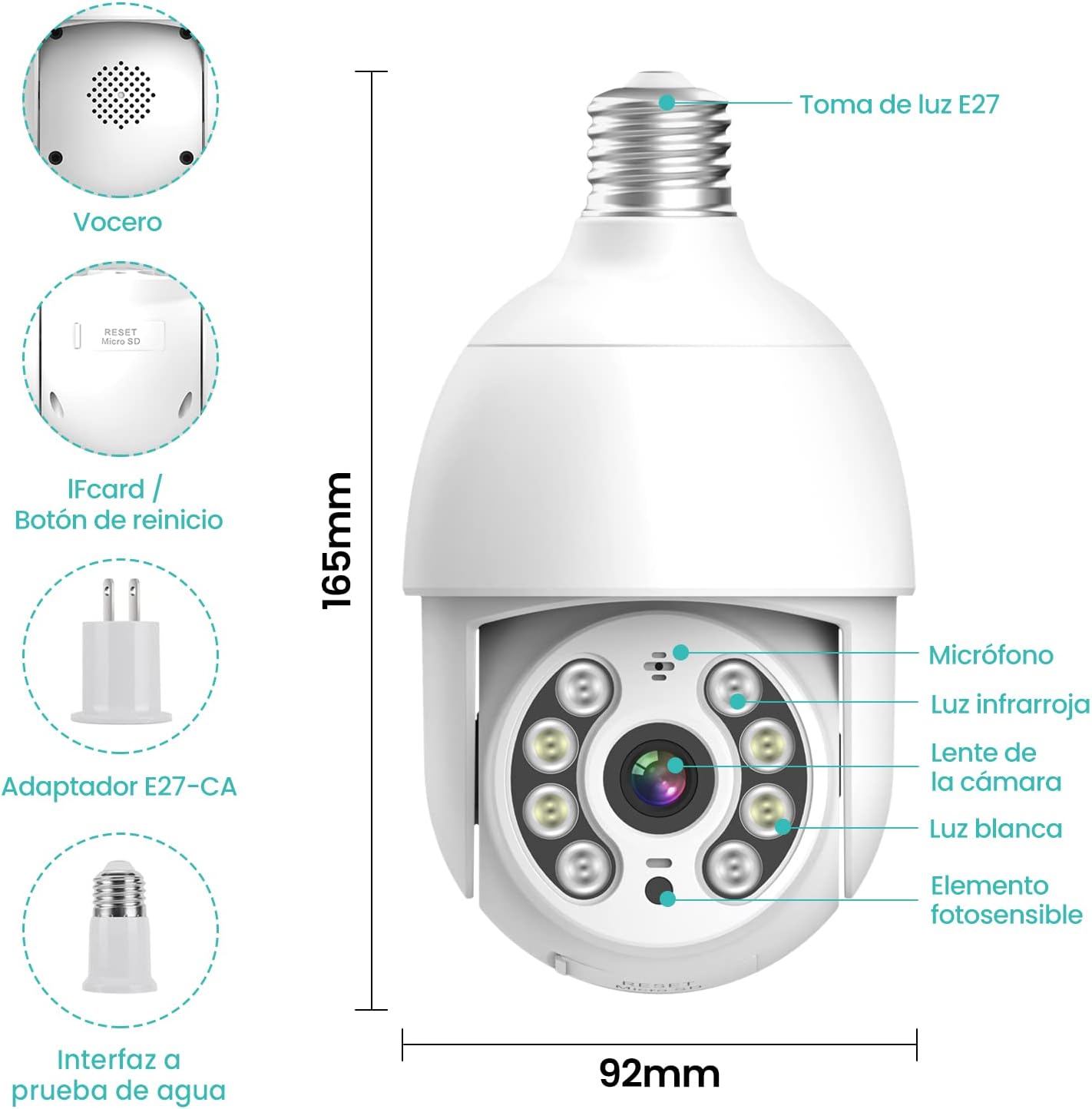 Foco con Camara de Seguridad(Versión Impermeable Exterior), Camara de Foco, IP65 Impermeable, iCSee/Tris Home, Base E27, Visión Nocturna, Audio Bidireccional, Compatible con Alexa