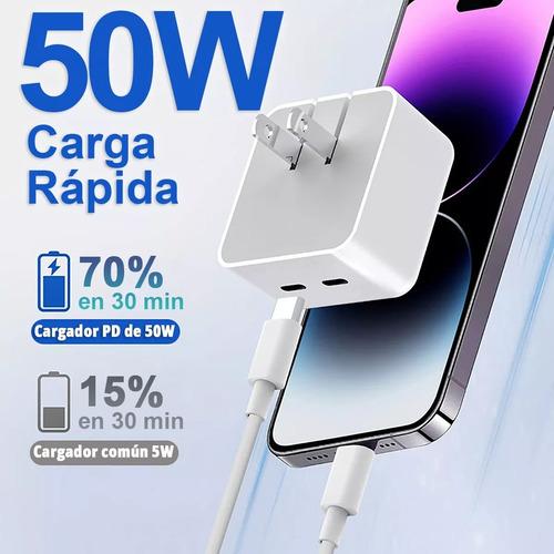 50w 2 combos Cargador Cable Para Iphone 15 Doble Puerto Carga Rápida Blanco
