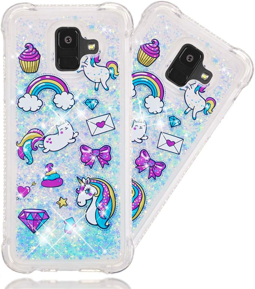 Funda para Samsung Galaxy A6 2018, diseño de unicornio azul con purpurina que fluye arena movediza, transparente, a prueba de golpes, funda protectora delgada para Samsung Galaxy A6 2018, YB unicornio azul
