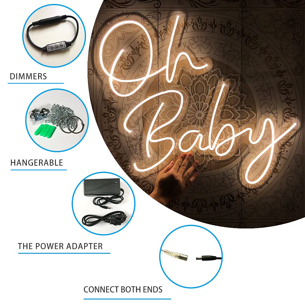Oh BABY - Letreros de neón para bebé, acrílico transparente con atenuadores, luces iluminadas, letreros para interiores y dormitorios, decoración de la habitación, letrero de neón LED de 22.2 x 20.9 pulgadas, bar, fiesta, boda, niña, sala de estar, oficin