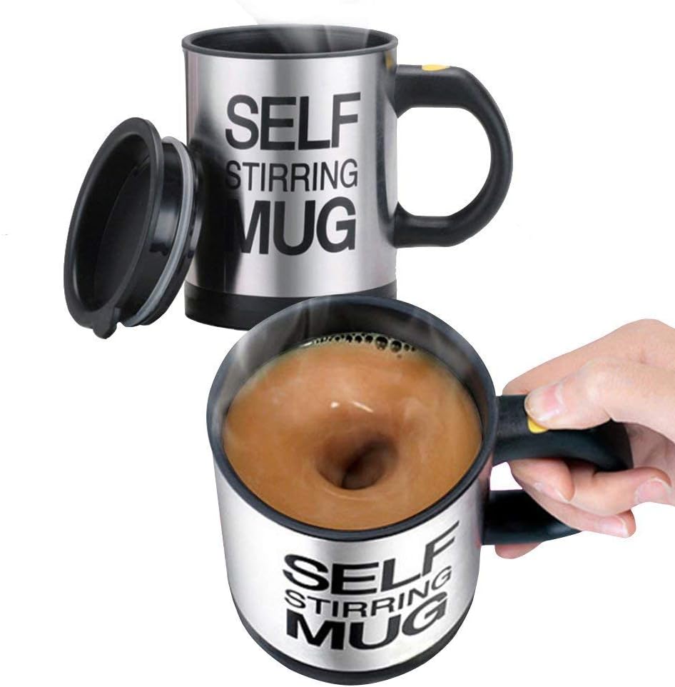Taza de café de acero inoxidable con agitación automática, tazas mezcladoras eléctricas para mezclar café, leche, jugos y bebidas de plástico, 300 ml (12-16 oz) (negro)