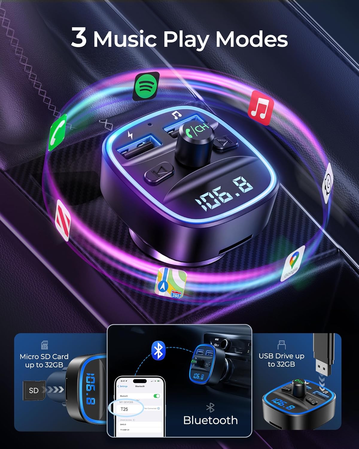 Transmisor FM, Transmisor FM Bluetooth Adaptador de radio inalámbrico Kit de coche con carga USB dual, Receptor de audio Cargador de coche Reproductor de MP3, Compatible con llamadas manos libres, Tarjeta TF y USB Di