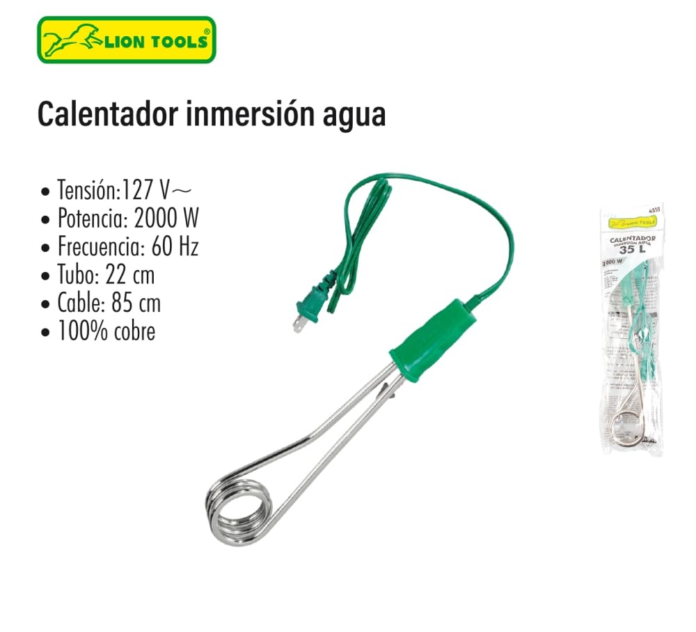 Calentador de Inmersión para Agua, 2000W, 127V, Cable de 85 cm, Tubo de 22 cm