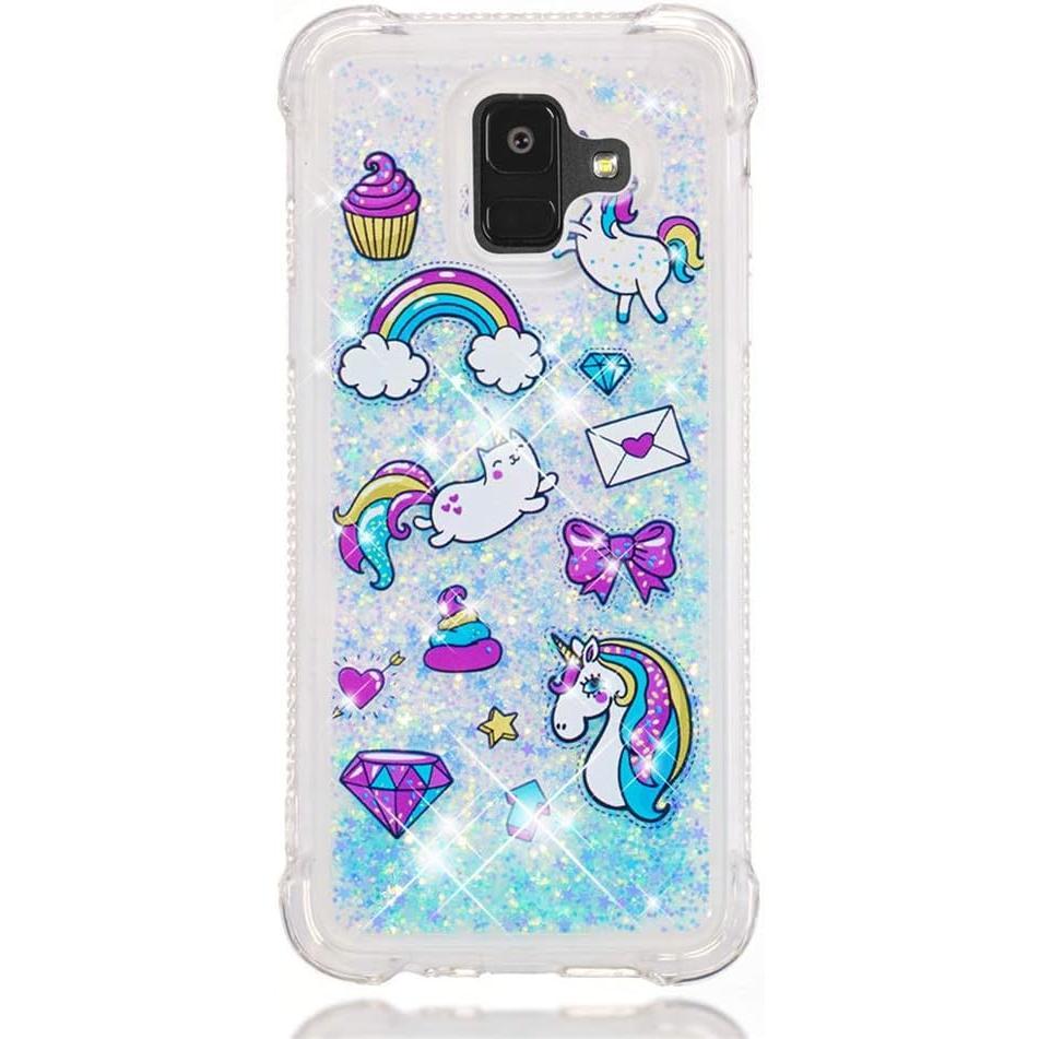 Funda para Samsung Galaxy A6 2018, diseño de unicornio azul con purpurina que fluye arena movediza, transparente, a prueba de golpes, funda protectora delgada para Samsung Galaxy A6 2018, YB unicornio azul