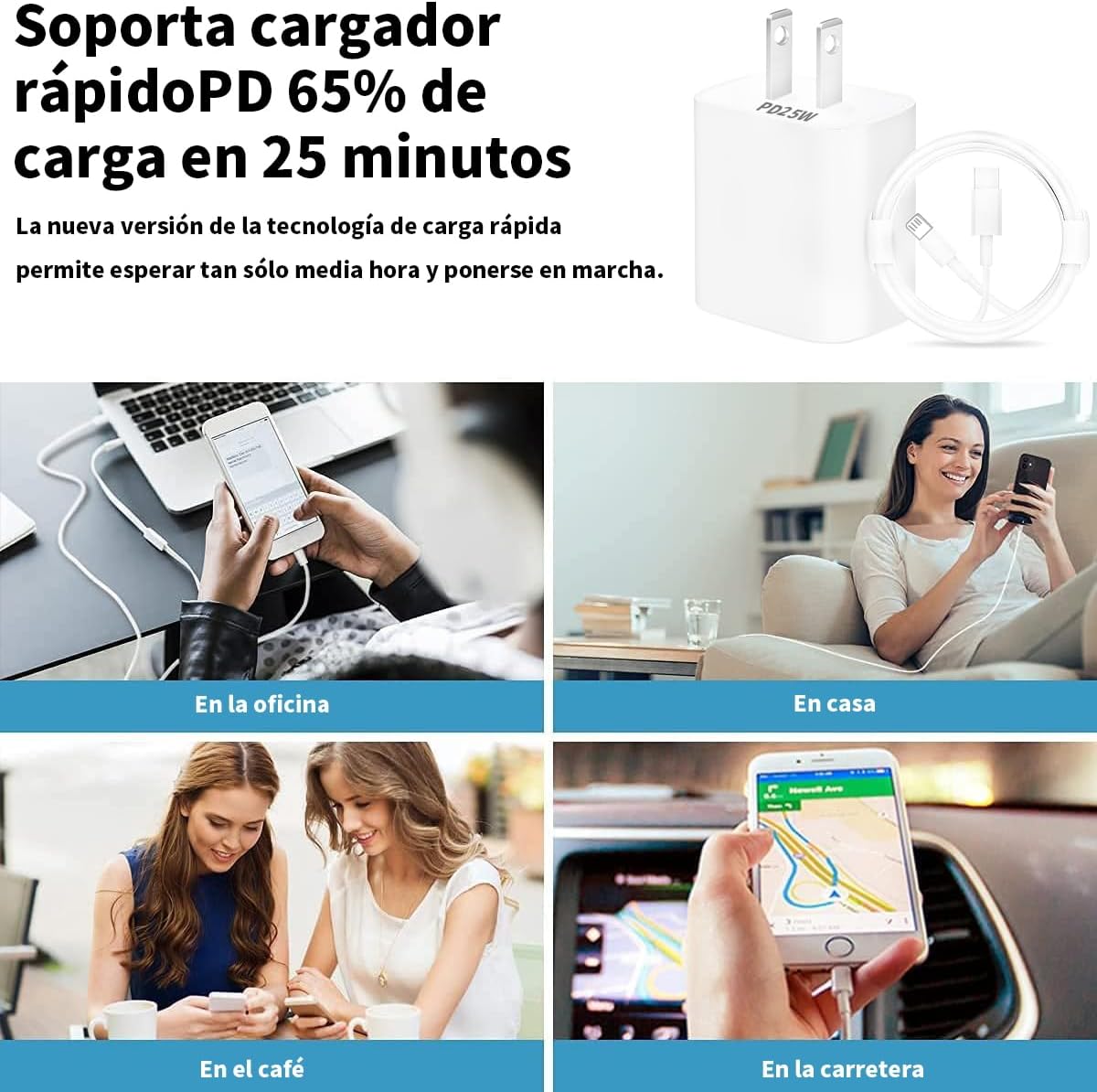 Cargador Rápido 25W para iPhone Tipo C con Cable 1M Compatible con iPhone 14/13/12/11/X/iPad Carga Eficiente y Segura
