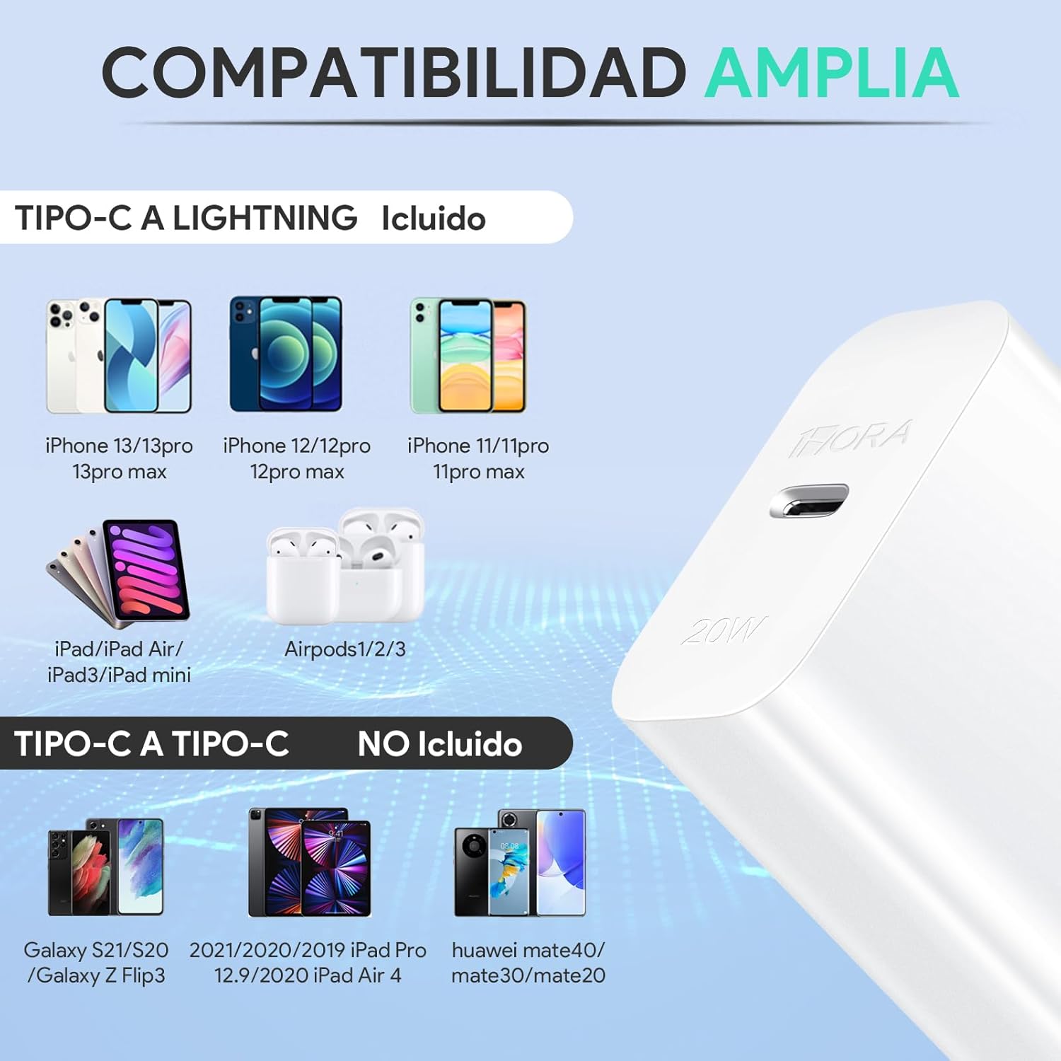 1 Hora Cargador Carga Rapida para IP 14, 20W Cargador Tipo C, con Cable USB C a Lightning 1M 3A, Compatible con IP 14 13/13 Pro MAX/12/11/X/XS, iPad Mini, iPad Air