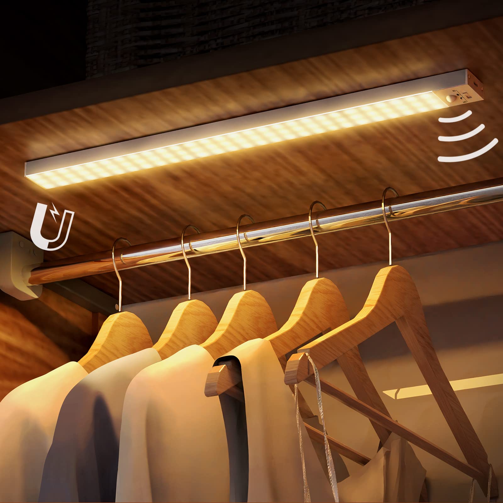 Luz Led con Sensor de Movimiento  Lamparas Recargables Led Portatiles,Lampara para Cocina/Closet/Debajo de Gabinete,Lampara Led Cambio Tricolor,Brillo Ajustable,210mm-28 Cuentas de Lámpara