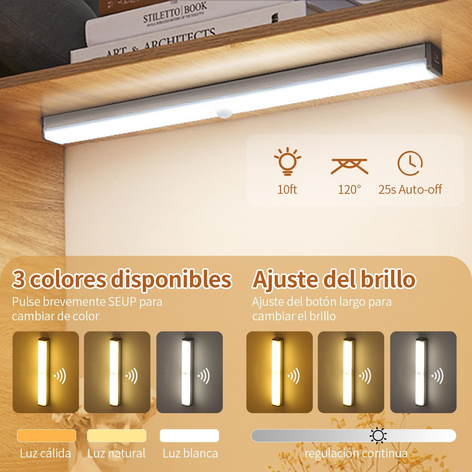 Luz Led con Sensor de Movimiento  Lamparas Recargables Led Portatiles,Lampara para Cocina/Closet/Debajo de Gabinete,Lampara Led Cambio Tricolor,Brillo Ajustable,210mm-28 Cuentas de Lámpara