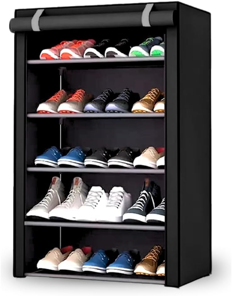 Zapatera de 5 Niveles Multifuncional | Estante para Zapatos | Almacenamiento de Calzado de Acero Inoxidable | Closet Organizador para Tenis | Tela Impermeable (Negro)