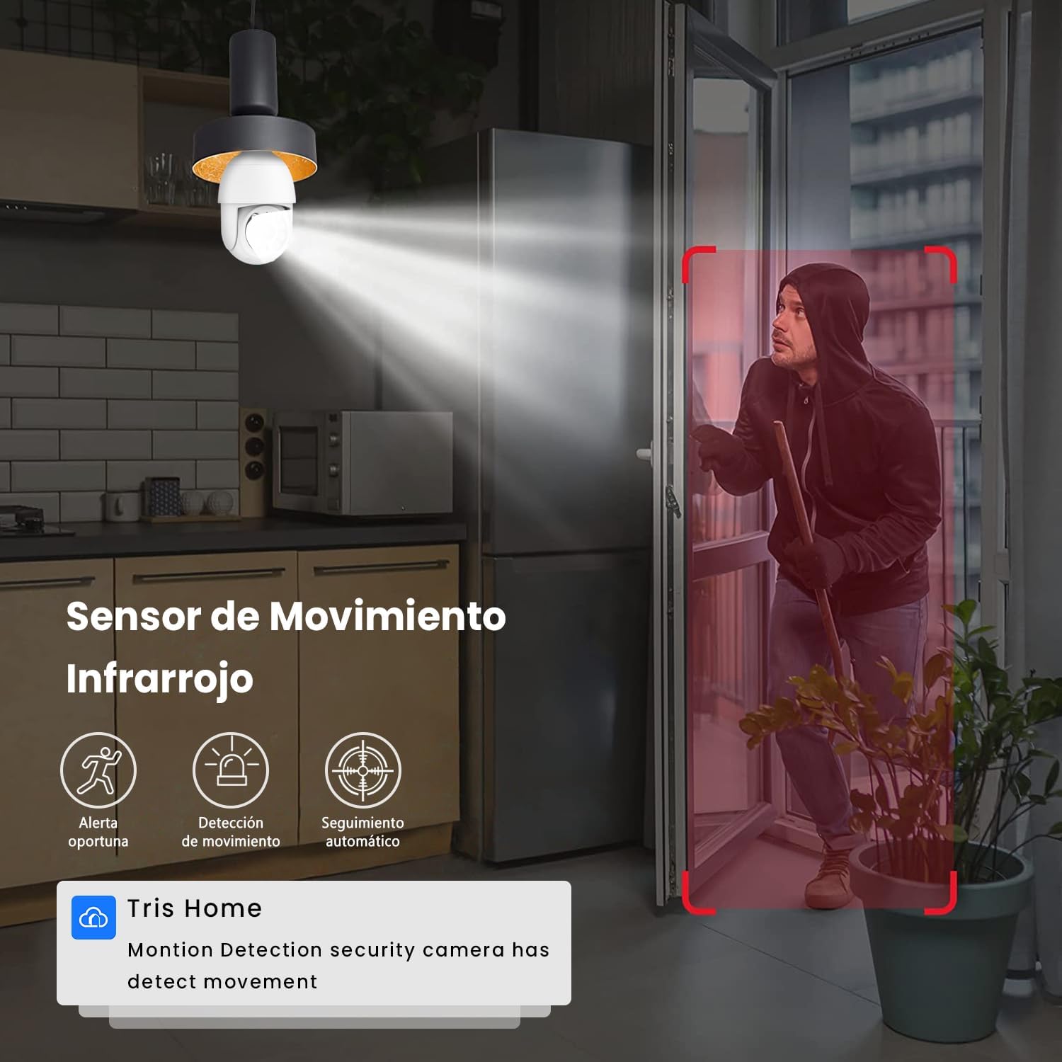 Foco con Camara de Seguridad(Versión Impermeable Exterior), Camara de Foco, IP65 Impermeable, iCSee/Tris Home, Base E27, Visión Nocturna, Audio Bidireccional, Compatible con Alexa