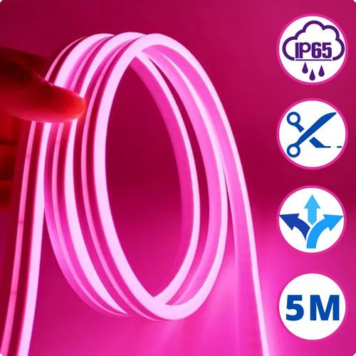 Tira Led Neón Flex Unicolor Decorativa 5 Metros Luz Rosa