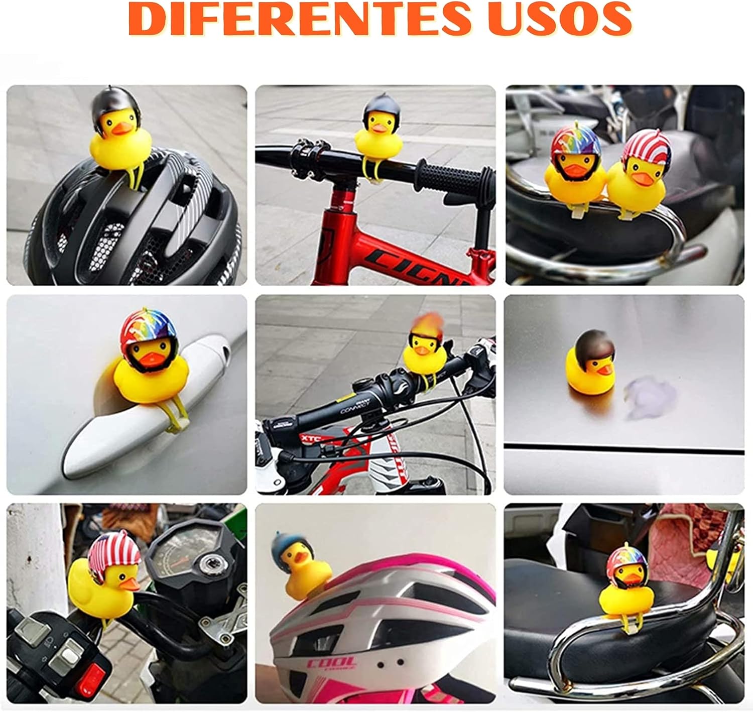 nuevo Patito con Casco para Bicicleta, Motocicleta, Coches y Más; Accesorio de Campana de Pato de Hule con Casco, Hélice, Cadena, Lentes, Luces y Sonido. Divertido, Innovador y Creativo, Accesorio para niños y Adultos, Patito Biker. (Bola 8)