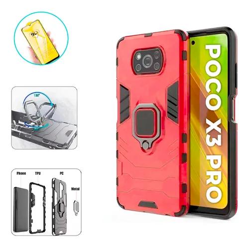 Funda Para Poco X3 Pro / X3 Nfc Ring Case con Mica Vidrio Templado 9D Protección Doble TPU y Anillo Giratorio 360 Grados