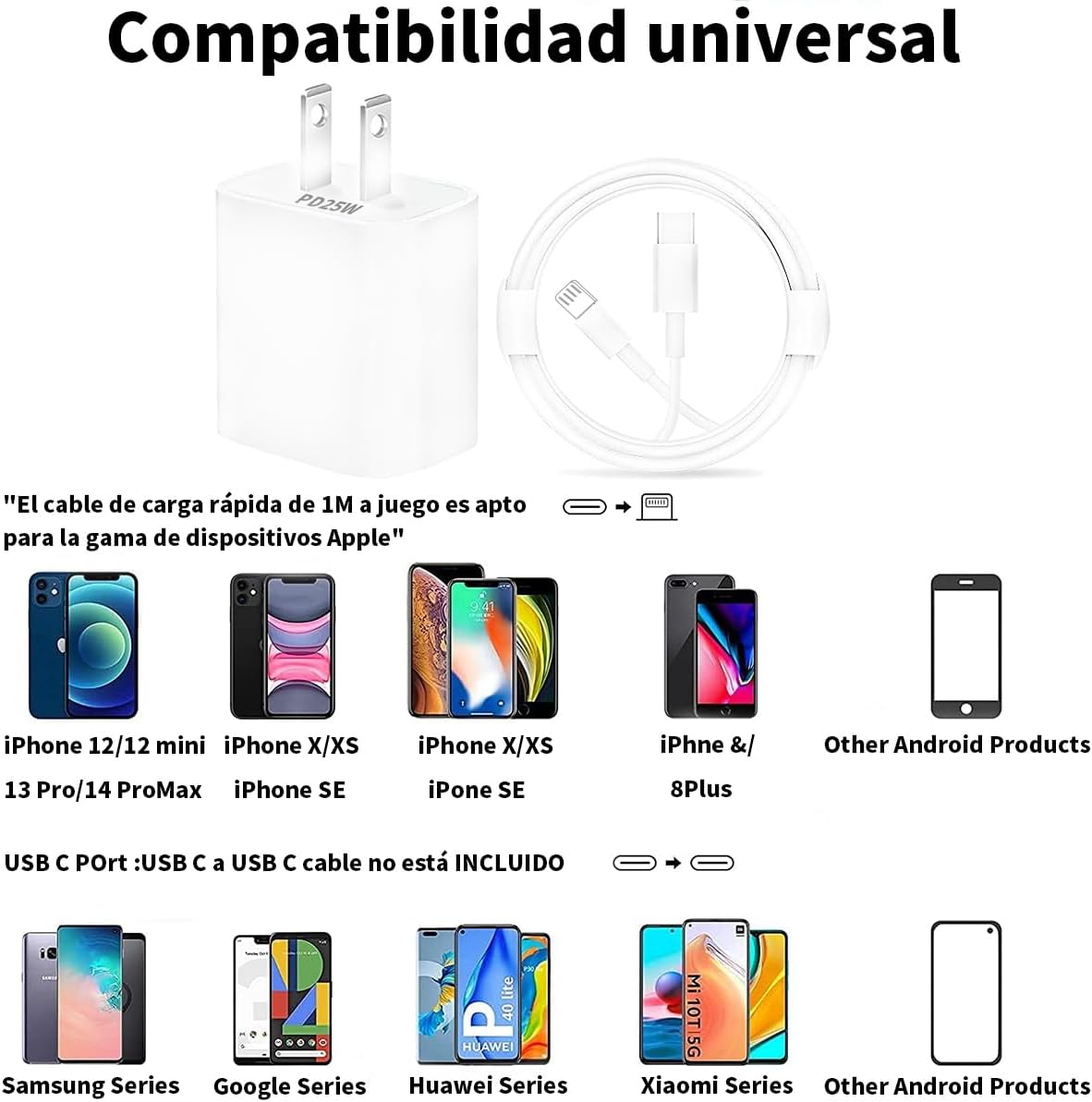 Cargador Rápido 25W para iPhone Tipo C con Cable 1M Compatible con iPhone 14/13/12/11/X/iPad Carga Eficiente y Segura