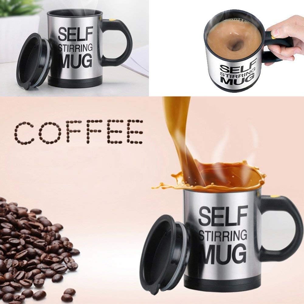 Taza de café de acero inoxidable con agitación automática, tazas mezcladoras eléctricas para mezclar café, leche, jugos y bebidas de plástico, 300 ml (12-16 oz) (negro)