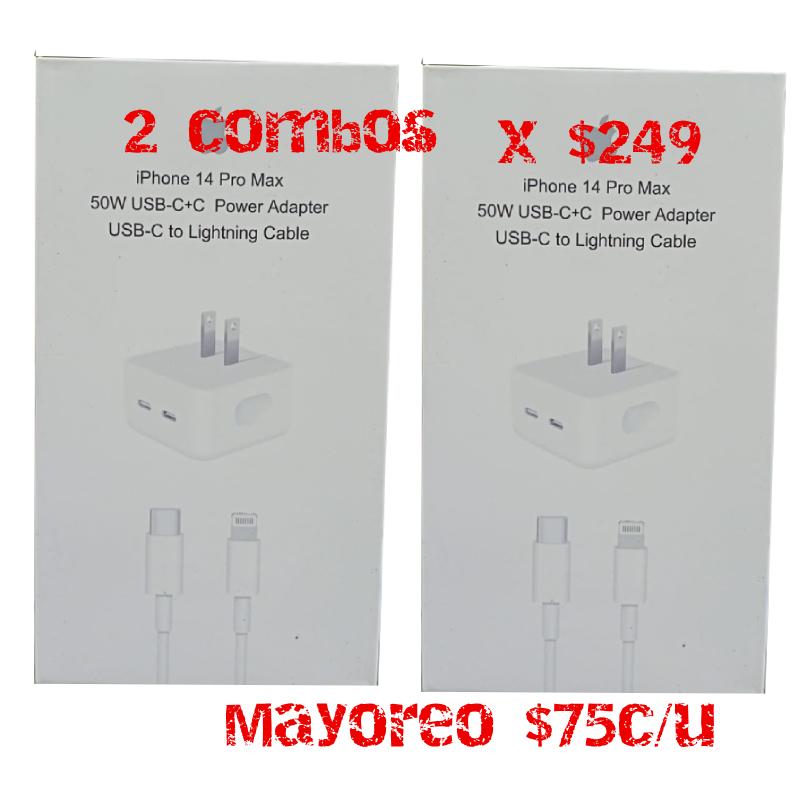50w 2 combos Cargador Cable Para Iphone 15 Doble Puerto Carga Rápida Blanco
