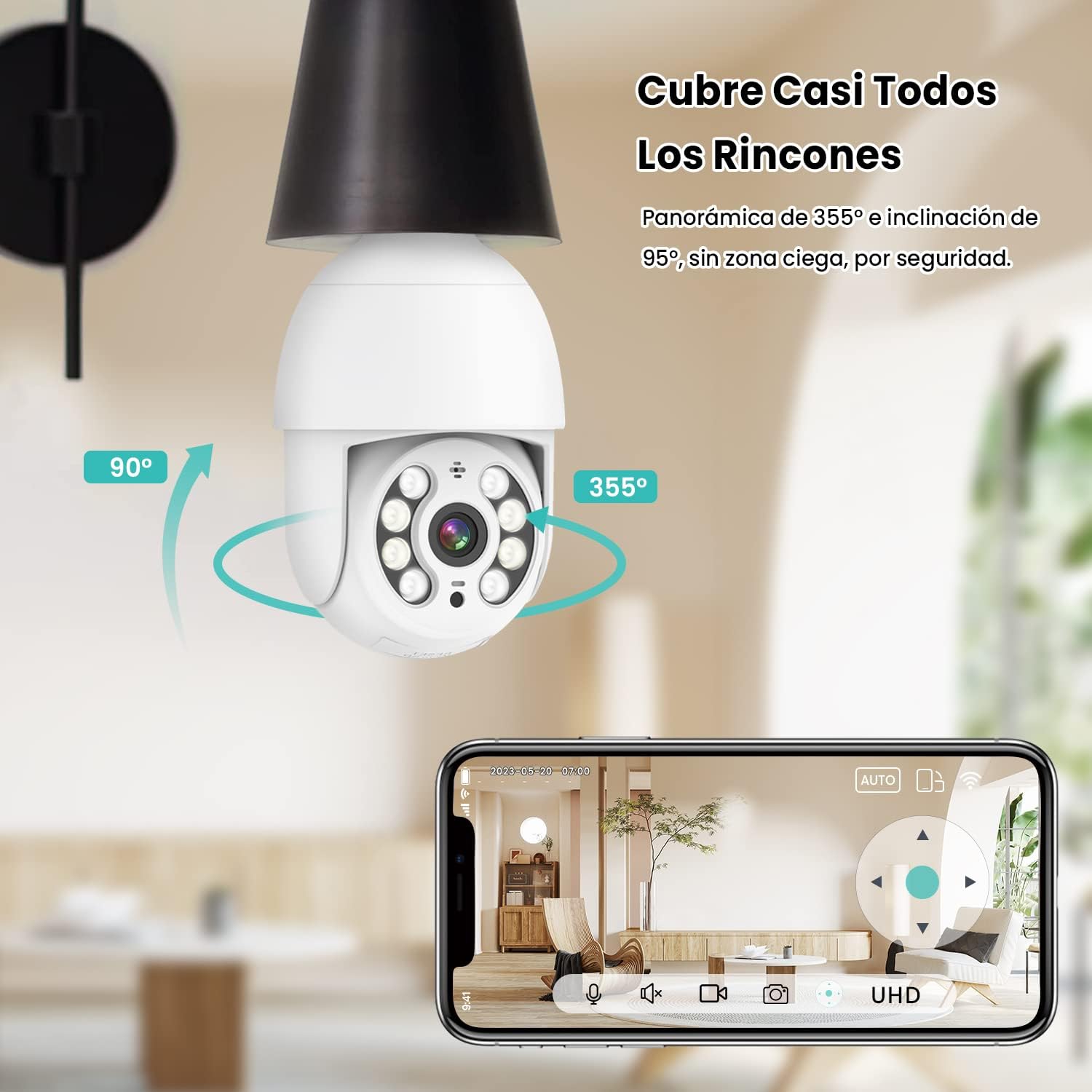 Foco con Camara de Seguridad(Versión Impermeable Exterior), Camara de Foco, IP65 Impermeable, iCSee/Tris Home, Base E27, Visión Nocturna, Audio Bidireccional, Compatible con Alexa