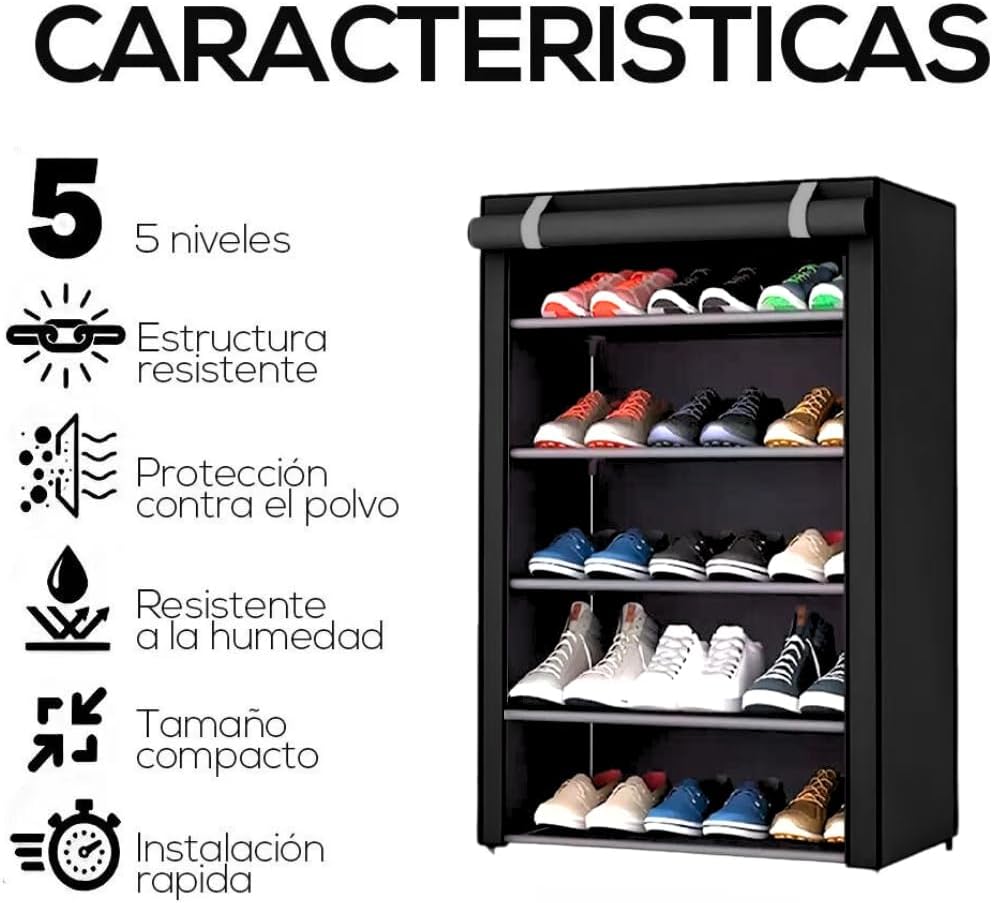 Zapatera de 5 Niveles Multifuncional | Estante para Zapatos | Almacenamiento de Calzado de Acero Inoxidable | Closet Organizador para Tenis | Tela Impermeable (Negro)