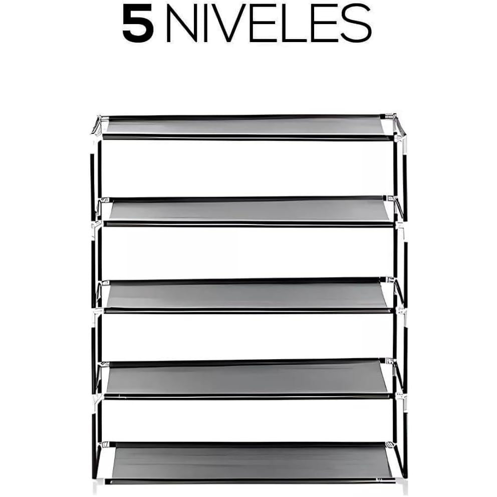 Zapatera de 5 Niveles Multifuncional | Estante para Zapatos | Almacenamiento de Calzado de Acero Inoxidable | Closet Organizador para Tenis | Tela Impermeable (Negro)