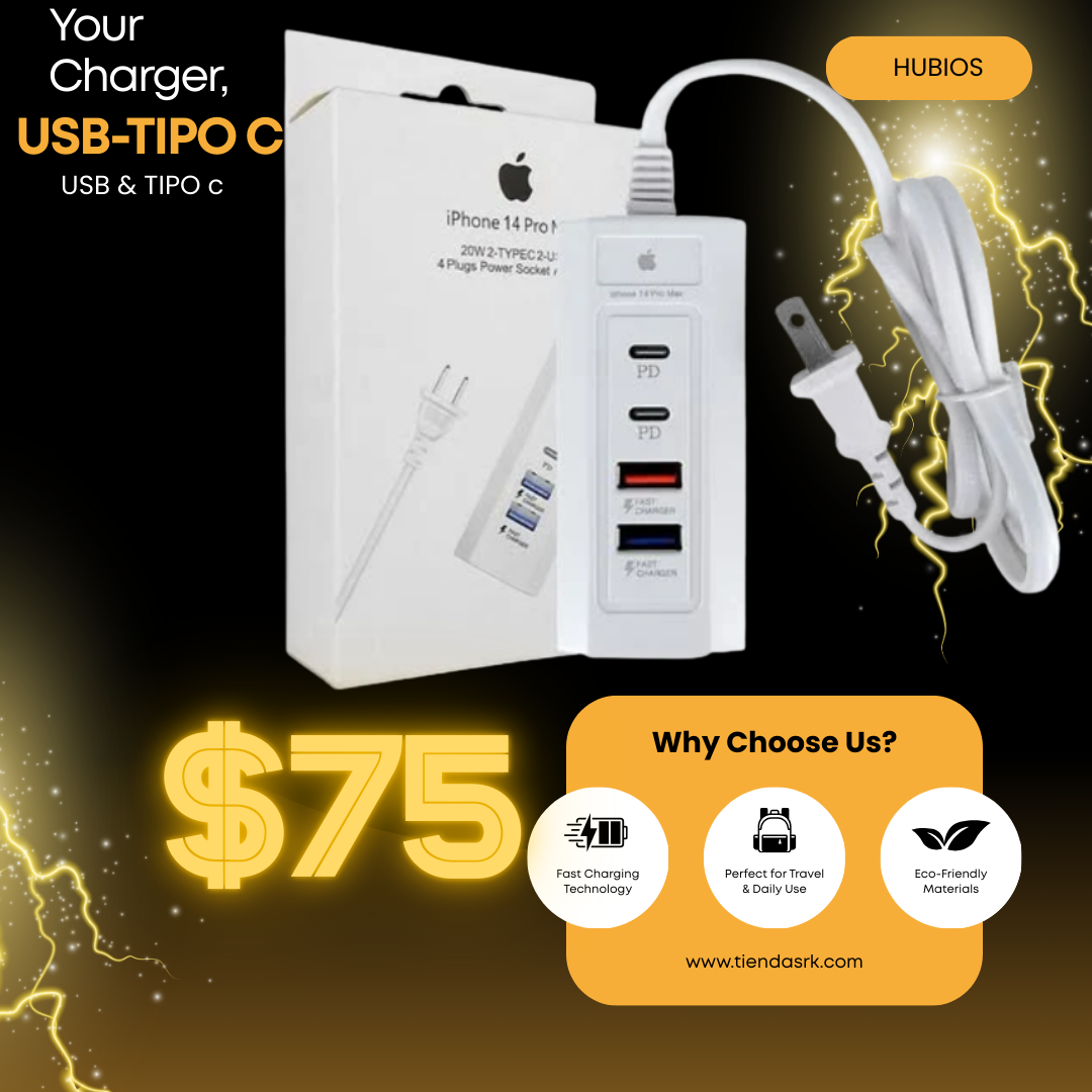 Adaptador hub de corriente con 2 puertos usb, 2 puertos tipo-c, 20w / iphone 14 pro max / 4 plugs power socket adapter