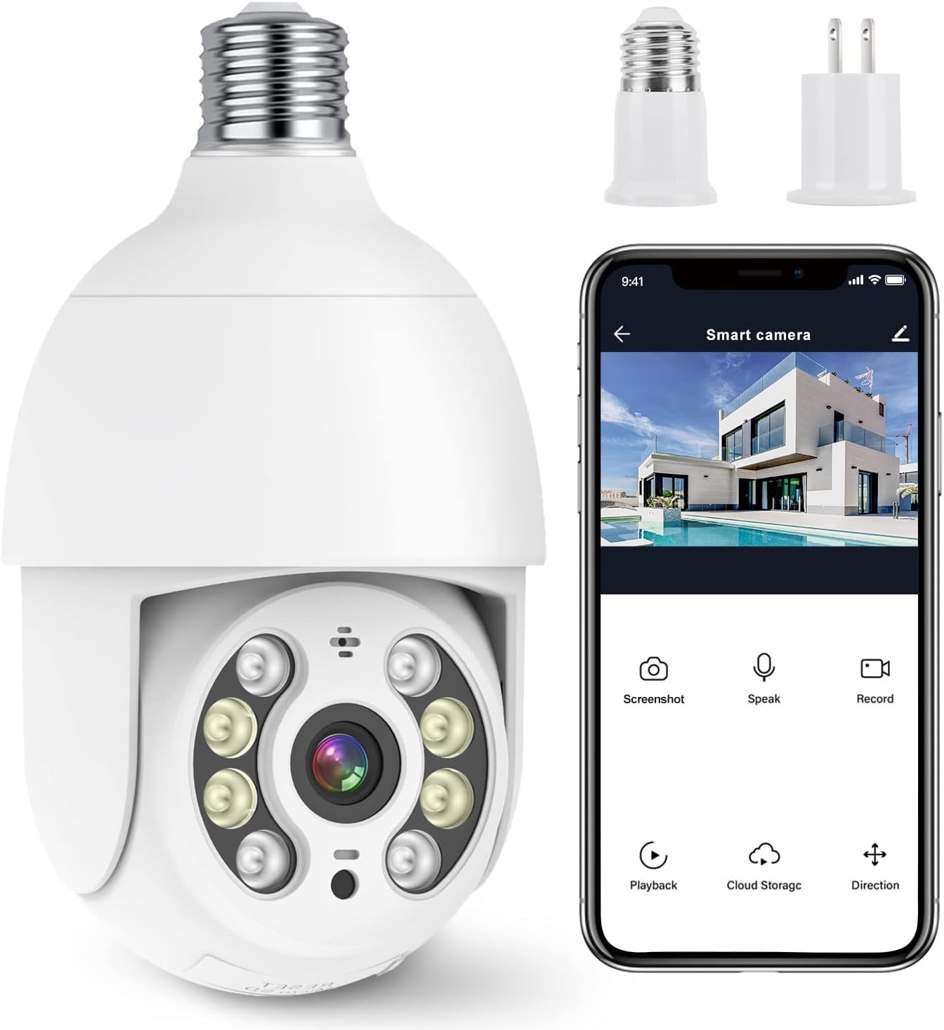 Foco con Camara de Seguridad(Versión Impermeable Exterior), Camara de Foco, IP65 Impermeable, iCSee/Tris Home, Base E27, Visión Nocturna, Audio Bidireccional, Compatible con Alexa