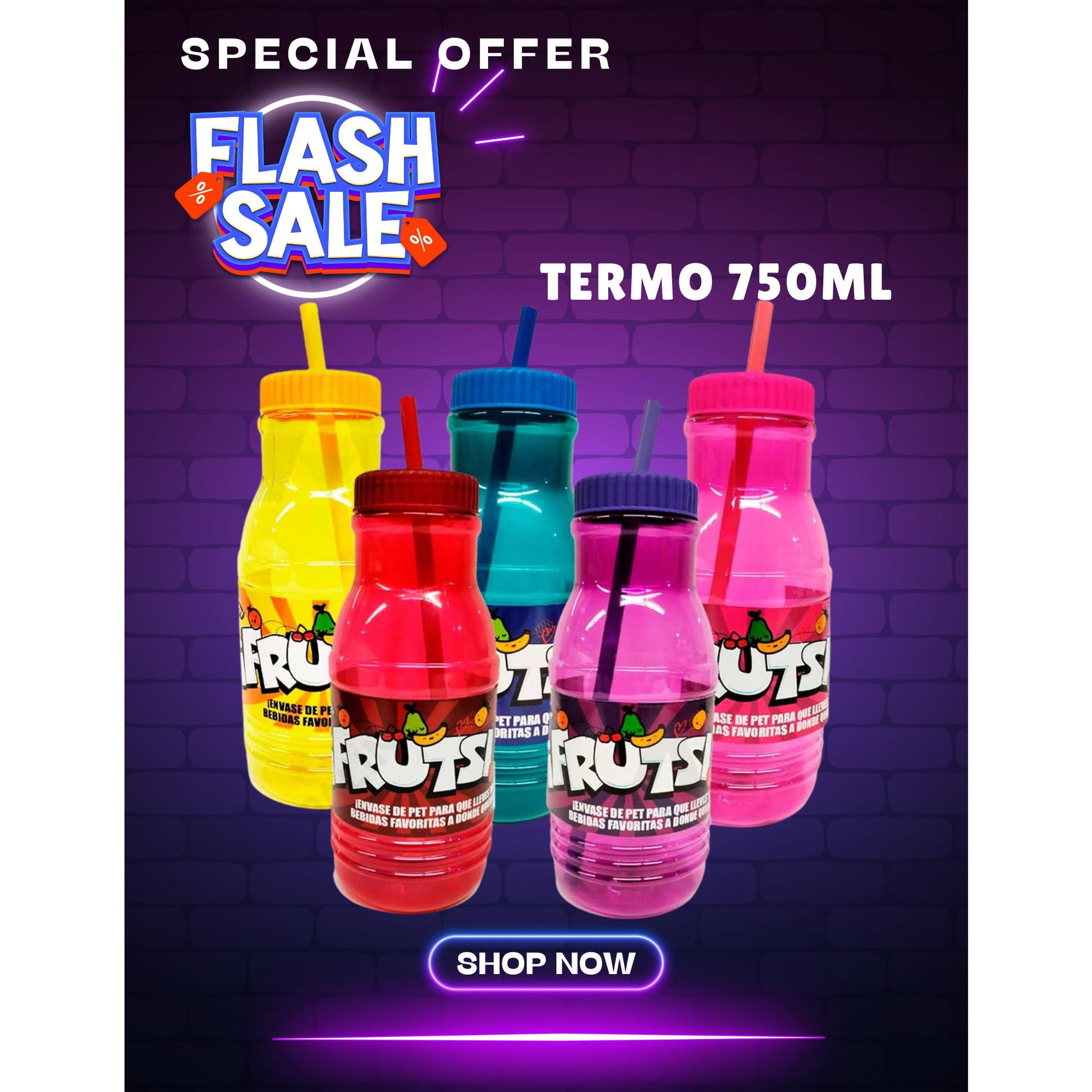 Frutsi Botella Termo Infantil 750ML con Tapa Segura y Popote Integrado para Uso Escolar y Actividades al Aire Libre