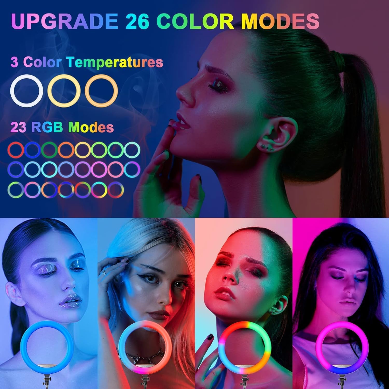 Aro de Luz Profesional, 18"/45cm diámetro RGB Colores Aro Regulable LED con 2.1m Tripie,Luz Fotografía Ring Light para Peluquería/Cámara Profesional/TikTok/Youtube