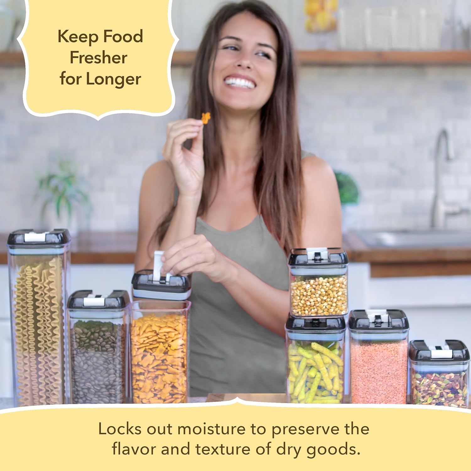 Recipientes herméticos Simply Gourmet para almacenar alimentos, ideal para organizar y almacenar alimentos en la despensa. Juego de 7 piezas + 16 etiquetas de pizarra y marcador gratis. Recipientes herméticos para alimentos, perfectos para almacenar en la