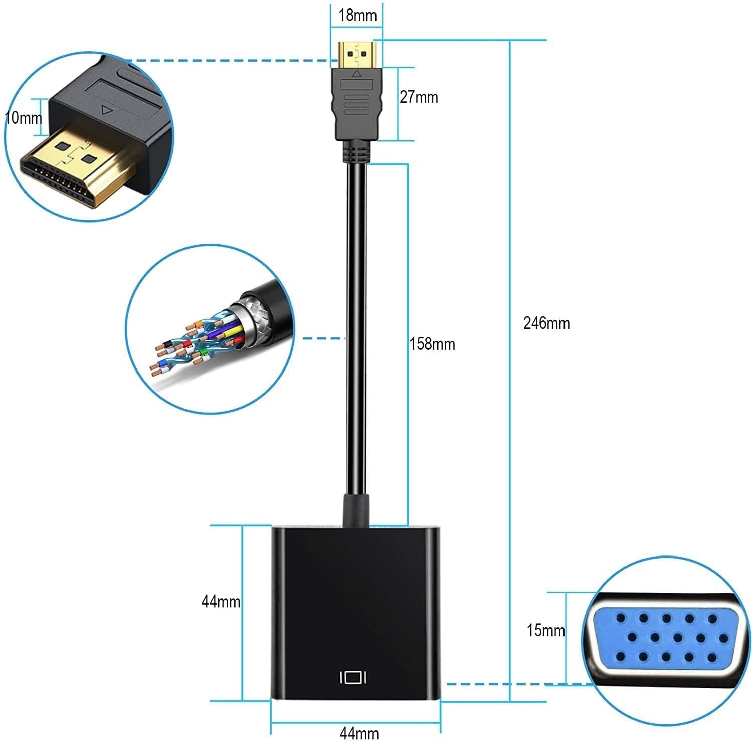 Adaptador HDMI a VGA, convertidor HDMI a VGA Chapado en Oro (Macho a Hembra), Adaptador HDMI Compatible para computadora, computadora portátil, PC, Monitor, proyector, televisión de Alta definición