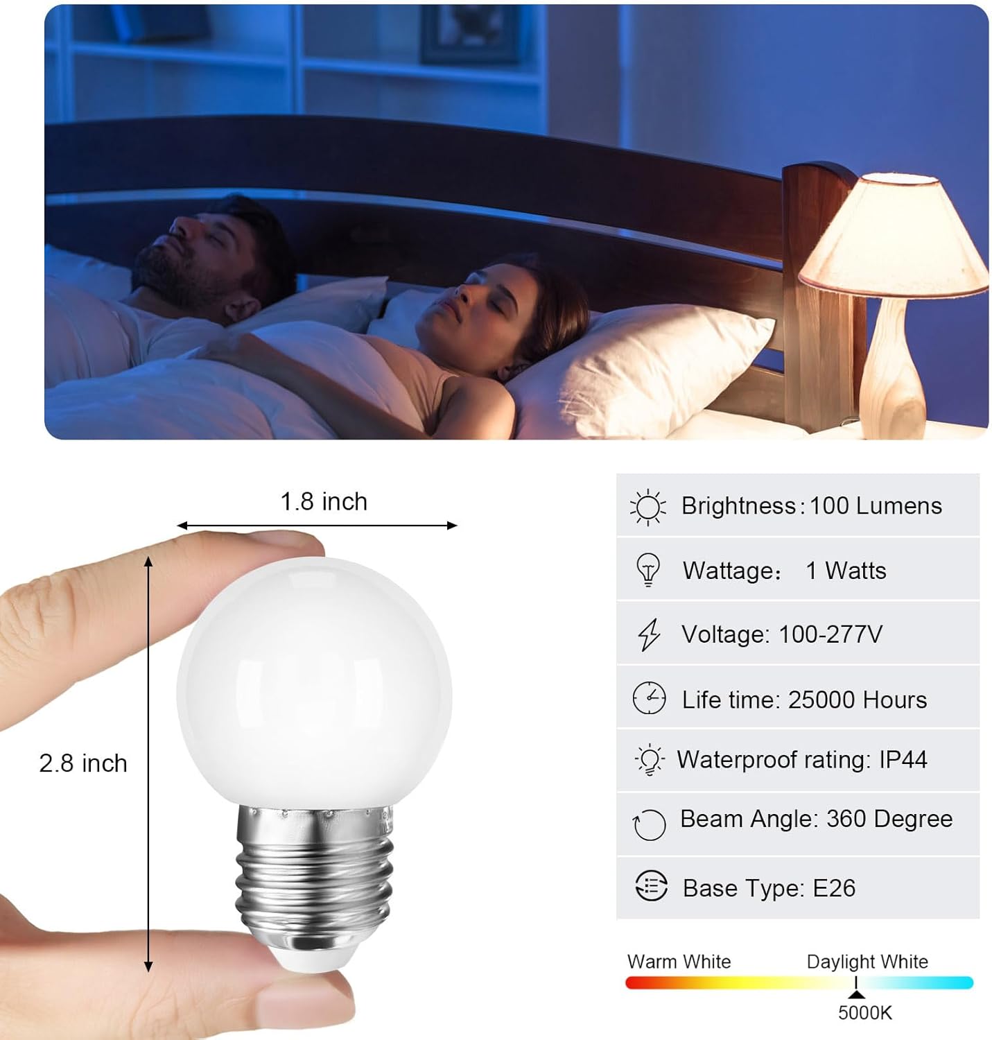 Foco LED  1 W Equivalente a 10 W E26 Base de Rosca Media para Baño y Porche 6 Unidades 5000 K Eficiencia Energética Resistente a la Intemperie