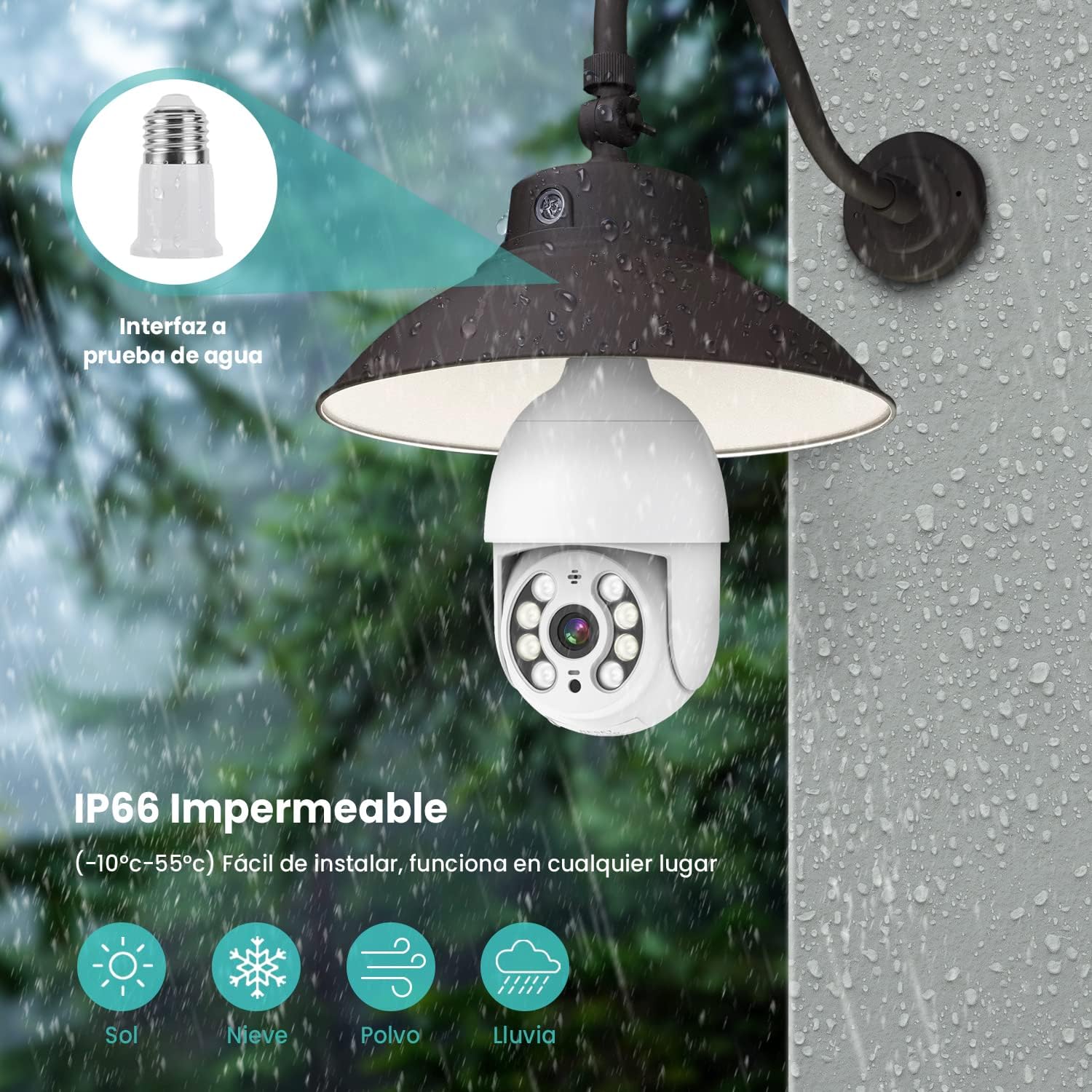 Foco con Camara de Seguridad(Versión Impermeable Exterior), Camara de Foco, IP65 Impermeable, iCSee/Tris Home, Base E27, Visión Nocturna, Audio Bidireccional, Compatible con Alexa