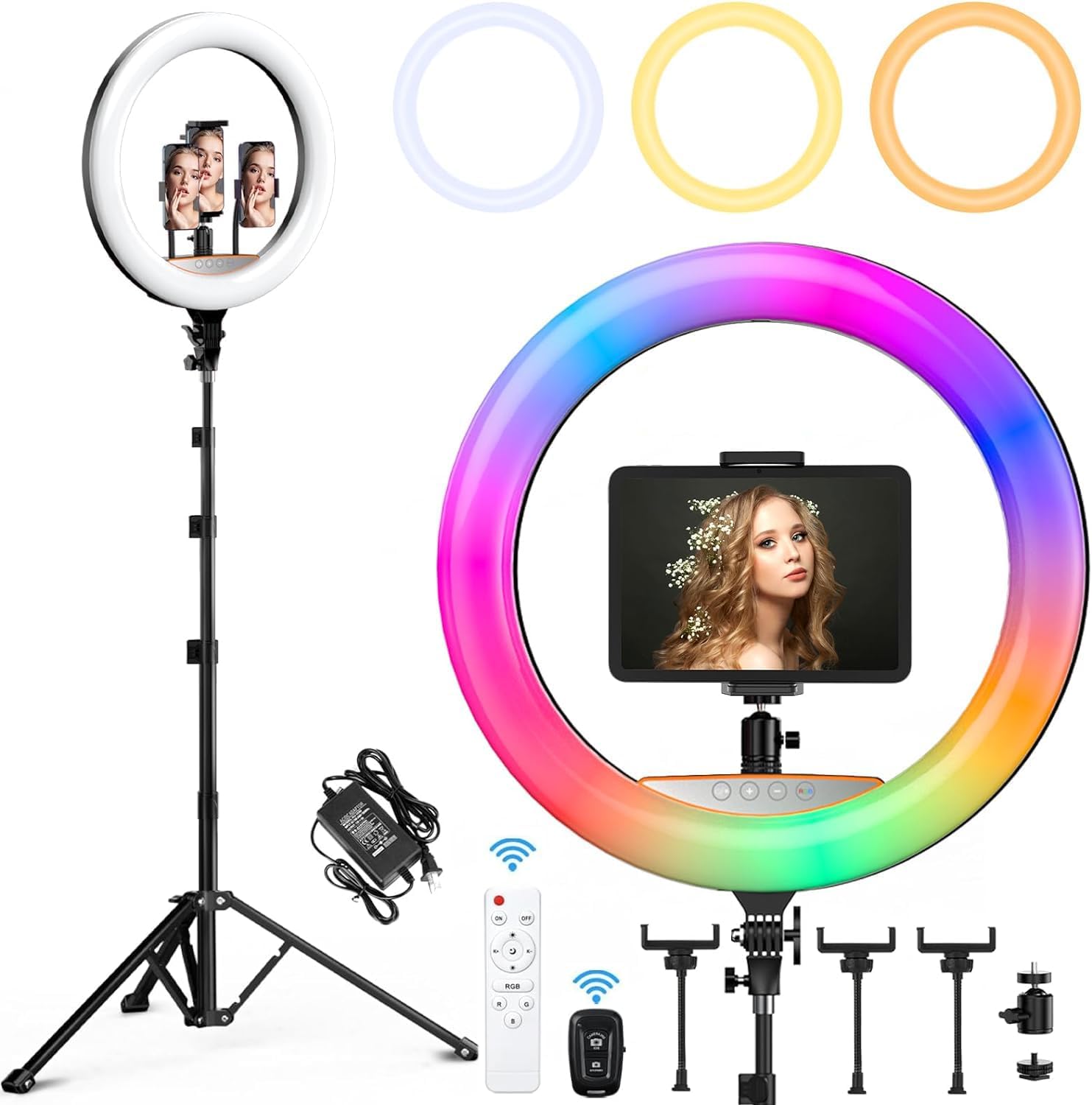 Aro de Luz Profesional, 18"/45cm diámetro RGB Colores Aro Regulable LED con 2.1m Tripie,Luz Fotografía Ring Light para Peluquería/Cámara Profesional/TikTok/Youtube